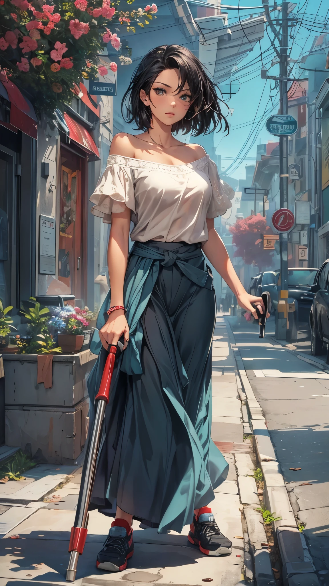(Super detailed, realistic), streets scene, [Moderately:Oil], [Professional:1.1], [Physically based rendering], [bright colors], [sharp focus], [studio lighting], [extreme details], [highest quality,4k,8K,High resolution,masterpiece:1.2],(detailed face),outside the streets,((One 18-year-old woman)),(short black hair),(dark), [nervous eyes],(casual ladies fashion,off shoulder,maxi length skirt,socks,pamps),(she walks on crutches)