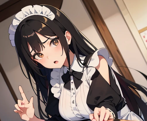 Black Hair　Brown eyes　anime　Baby Face　Large Breasts　Open your mouth　Maid clothes