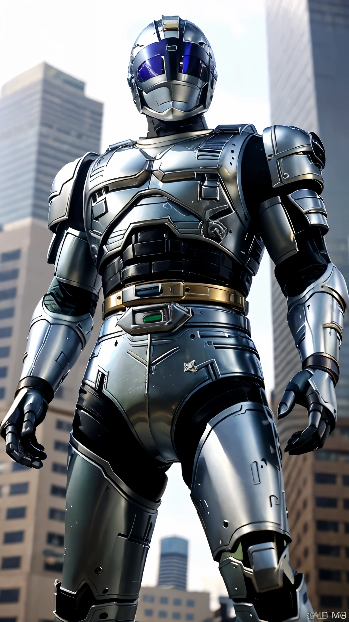 A man wearing a full-face helmet, a fantasy-style biotech armored combat suit, green eyes, (a composite layered chest armor), fully enclosed shoulder guards, matching arm and leg guards, the belt is adorned with cross, (the color scheme is primarily white with golden and blue accents), the design balances heavy with agility, a high-tech bio-mecha armor, (Armor Concept Inspired by Paladin, stand on the top of a skyscraper in a futuristic sci-fi city), this character embodies a finely crafted fantasy-surreal style armored hero in anime style, exquisite and mature manga art style, (battle damage, element, plasma, energy, the armor glows), ((male:1.5)), metallic, real texture material, dramatic, high definition, best quality, highres, ultra-detailed, ultra-fine painting, extremely delicate, professional, perfect body proportions, golden ratio, anatomically correct, symmetrical face, extremely detailed eyes and face, high quality eyes, creativity, RAW p