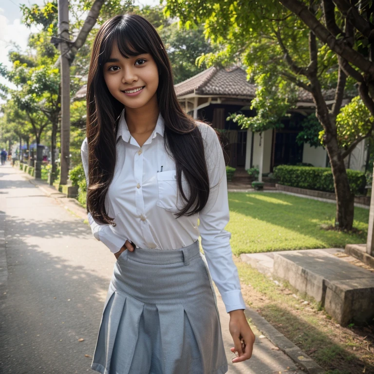 A Young sweet beautiful Bogor high school girl, , georgeus sweet face, slim body, descent mixed from sundanese and javanese, shoulder long hair with a bangs, wearing Indonesian white and grey high , wearing white long sleeve buttoned blouse with OSIS badge on the pocket, wearing Ling grey skirt, wearing sport shoes, walking on Bogor city street, very realistic, very detail, masterpiece, perfect fingers shape, no cartoon, cute smiling sweetly,
