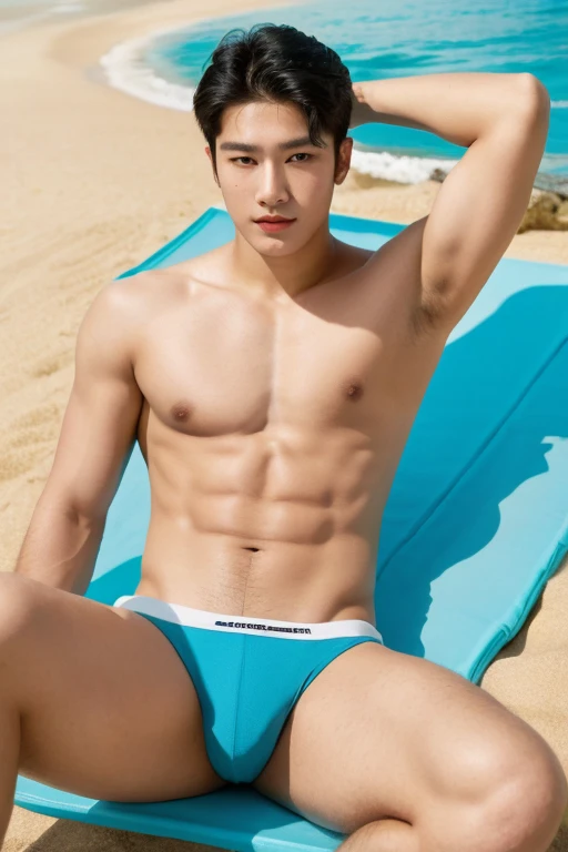 full body shot of an Asian male Model,  young man with very nice chest, baby face, biceps, perfect face model, with symmetrical facial features, attractive facial features, perfect face, flawless face, perfect facial features, clean perfect symmetrical face, richly defined face, clean beautiful symmetrical face, attractive symmetrical face, perfect face and eyes, shirtless, lying down, lifted arms, spread legs, sexy bikini T-back, UHD, 8K resolution, beach background