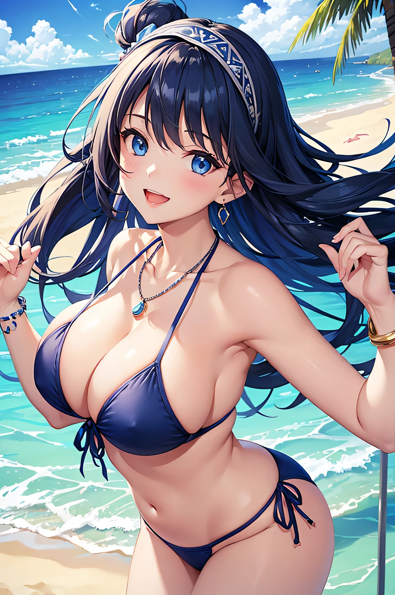 highest quality、Best image quality、masterpiece、beautiful girl、Navy blue long hair、blue eyes、Navy Blue Bikini、Big cleavage、(Big Breasts)、smile、blue necklace、Blue Earrings、background(Beach)、Sexy pose、Please open your mouth wide、White headband、angle(From the side)、bracelet