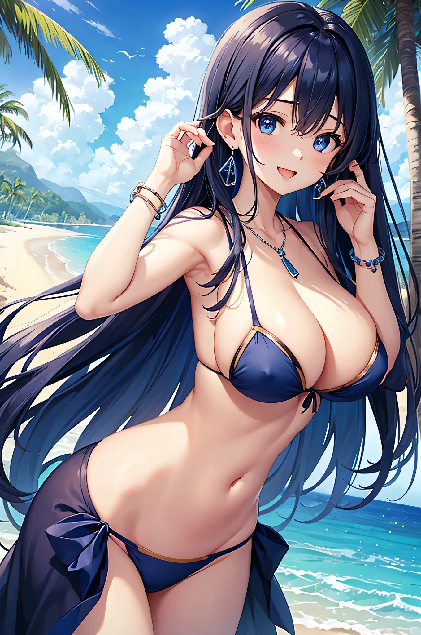 highest quality、Best image quality、masterpiece、beautiful girl、Navy blue long hair、blue eyes、Navy Blue Bikini、Big cleavage、(Big Breasts)、smile、blue necklace、Blue Earrings、background(Beach)、Sexy pose、Please open your mouth wide、White headband、angle(From the side)、bracelet