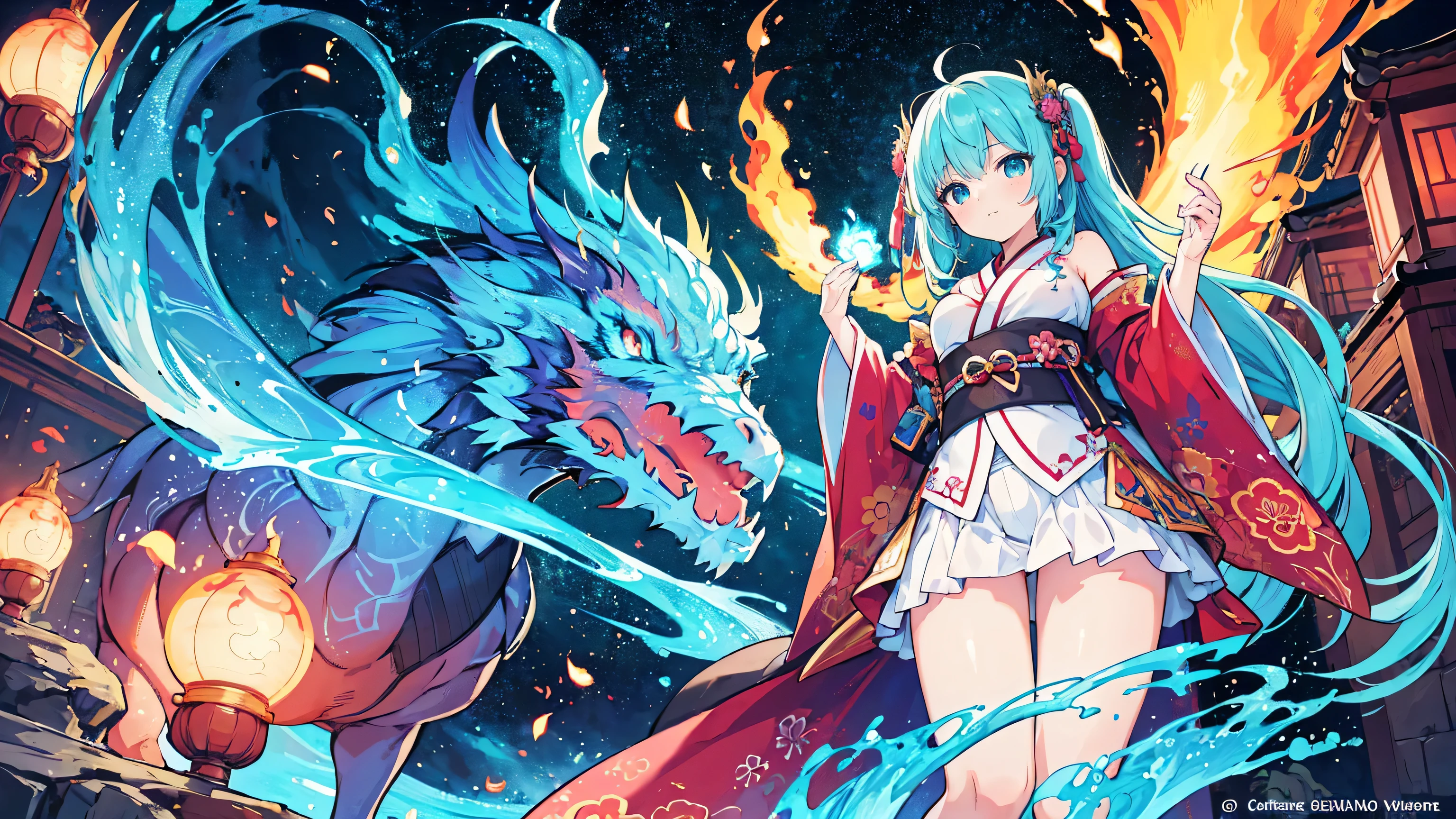 *8K masterpiece, highest quality, highest quality, Official Art, (Beauty and aesthetics: 1.3), Very detailed, (Fractal Art: 1.3), colorful, Flame and the Japanese Dragon, Serpentine body, nail, cyan and 1 Woman, Hanwomen&#39;s Media, Japanese Clothing, cyan,(10 years old),Naked,