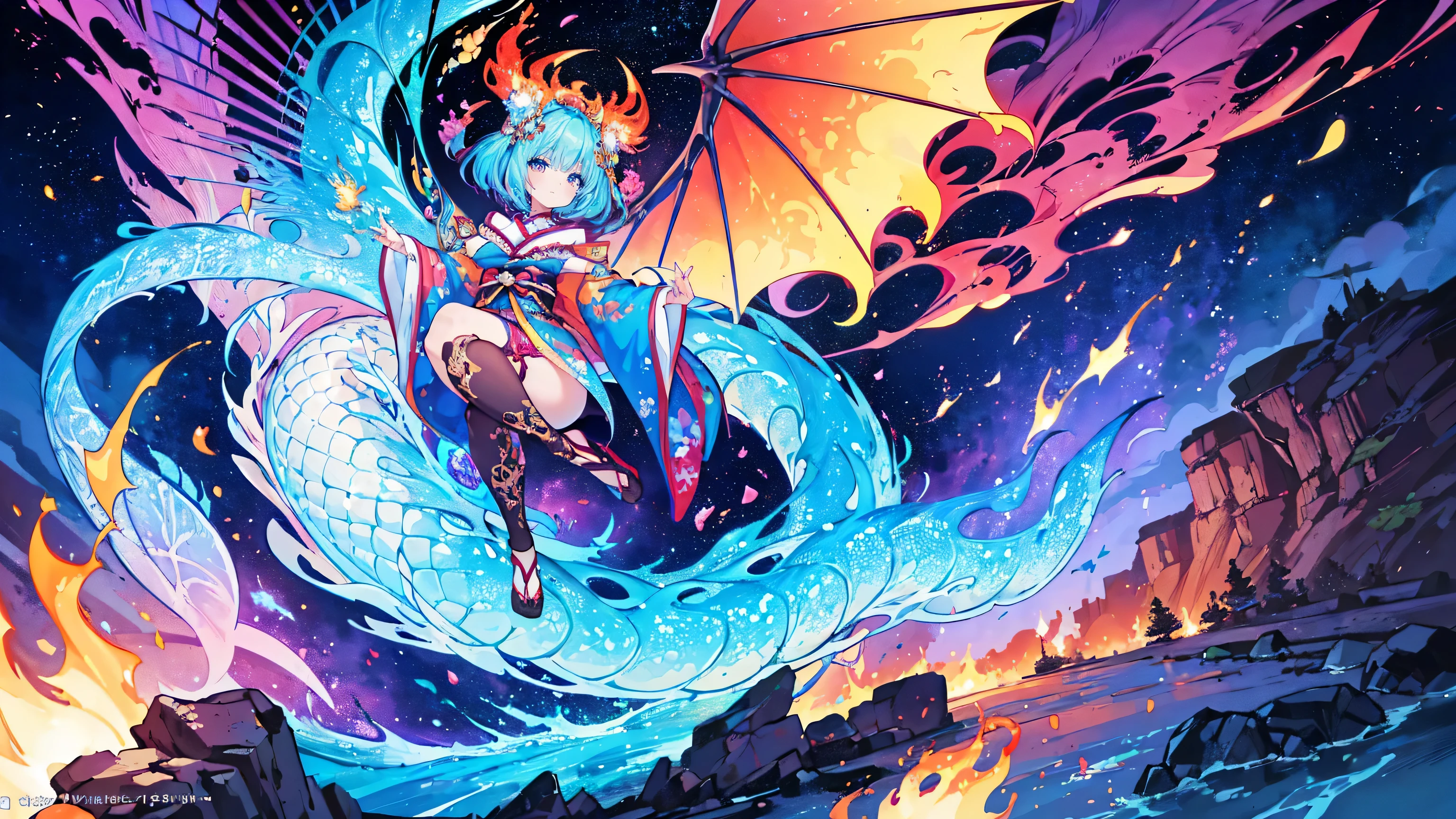 *8K masterpiece, highest quality, highest quality, Official Art, (Beauty and aesthetics: 1.3), Very detailed, (Fractal Art: 1.3), colorful, Flame and the Japanese Dragon, Serpentine body, nail, cyan and 1 Woman, Hanwomen&#39;s Media, Japanese Clothing, cyan,(10 years old),Naked,