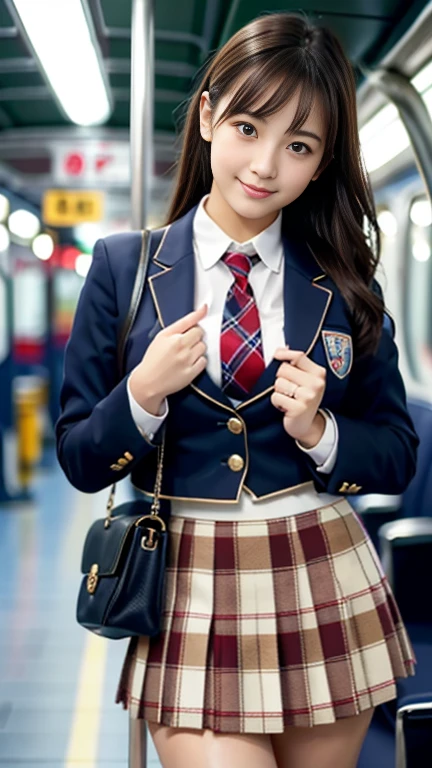masterpiece、highest quality、High resolution、Realistic、Bright lighting、Professional Lighting、smile、Face Light、Smooth lighting、Cute school girl、Cute uniform girl、A 16-year-old beautiful girl with a sexy and cute expression, 美しい and sexy face、、Dark blue blazer with emblem on left chest、White blouse、Dark green casual tie、White and dark red tartan mini skirt、Dark navy blue socks、Brown leather shoes、Brown Loafers、Brown medium hair、Tied Hair、so beautiful、Beautiful Skin、Beautiful and exquisite、Detailed face、Brown eyes、Beautiful feet、Standing on the train、smile、Full Body Shot、E cup breasts、