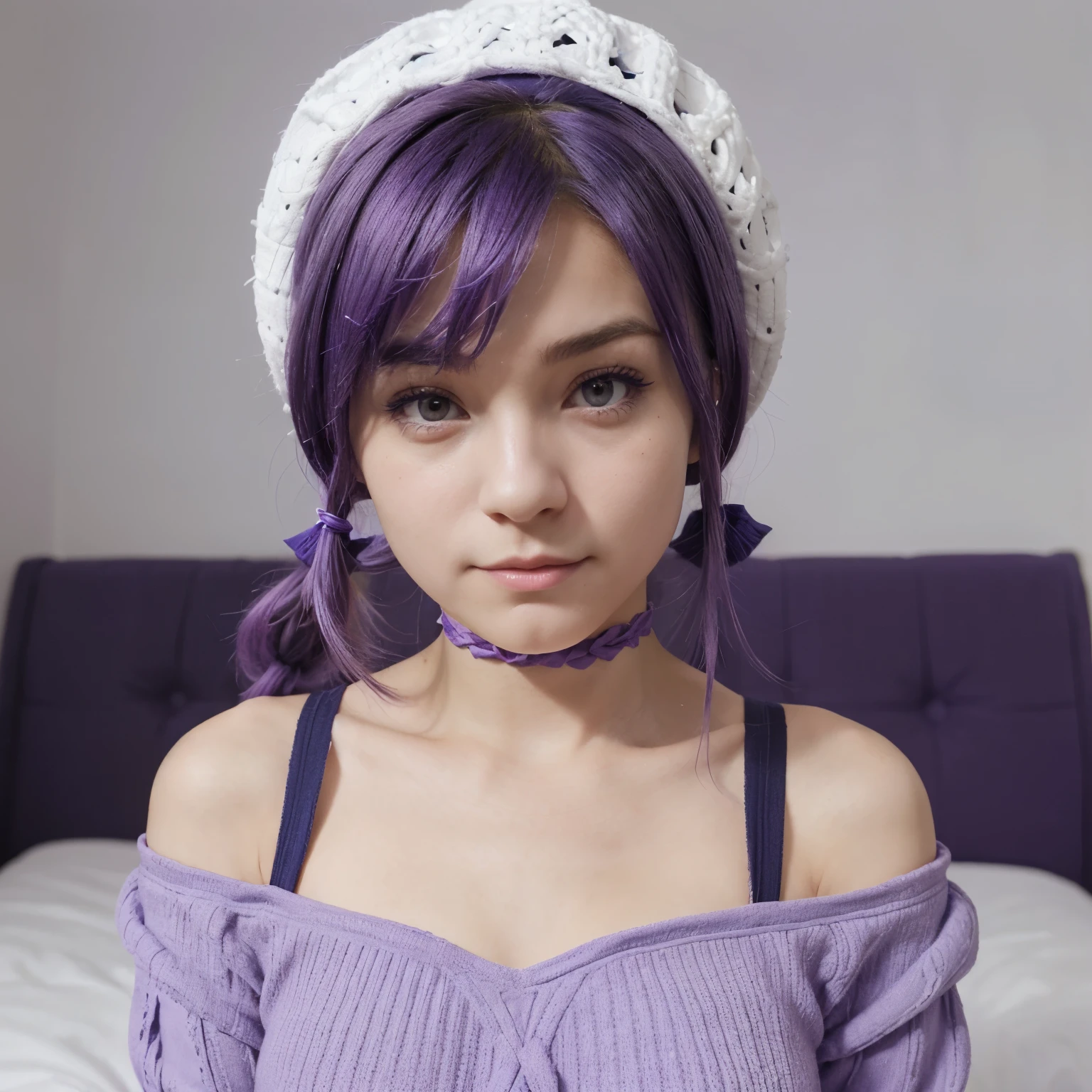 Estilo Roblox, purple hair tied up in navy, cute little hat, white skin and a sad face with a cute purple piquine that covers almost everything around it will have a bed full of cute, light purple unicorns