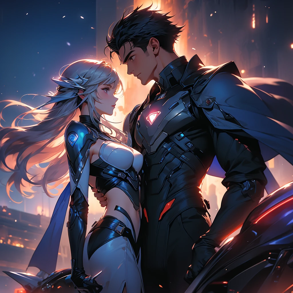 highest quality、Masterpiece、Official Art、16K、The best composition、The best light source、Super detailed、super beautiful、Super detailedな目、A couple of men and women riding a futuristic motorcycle are looking at each other happily