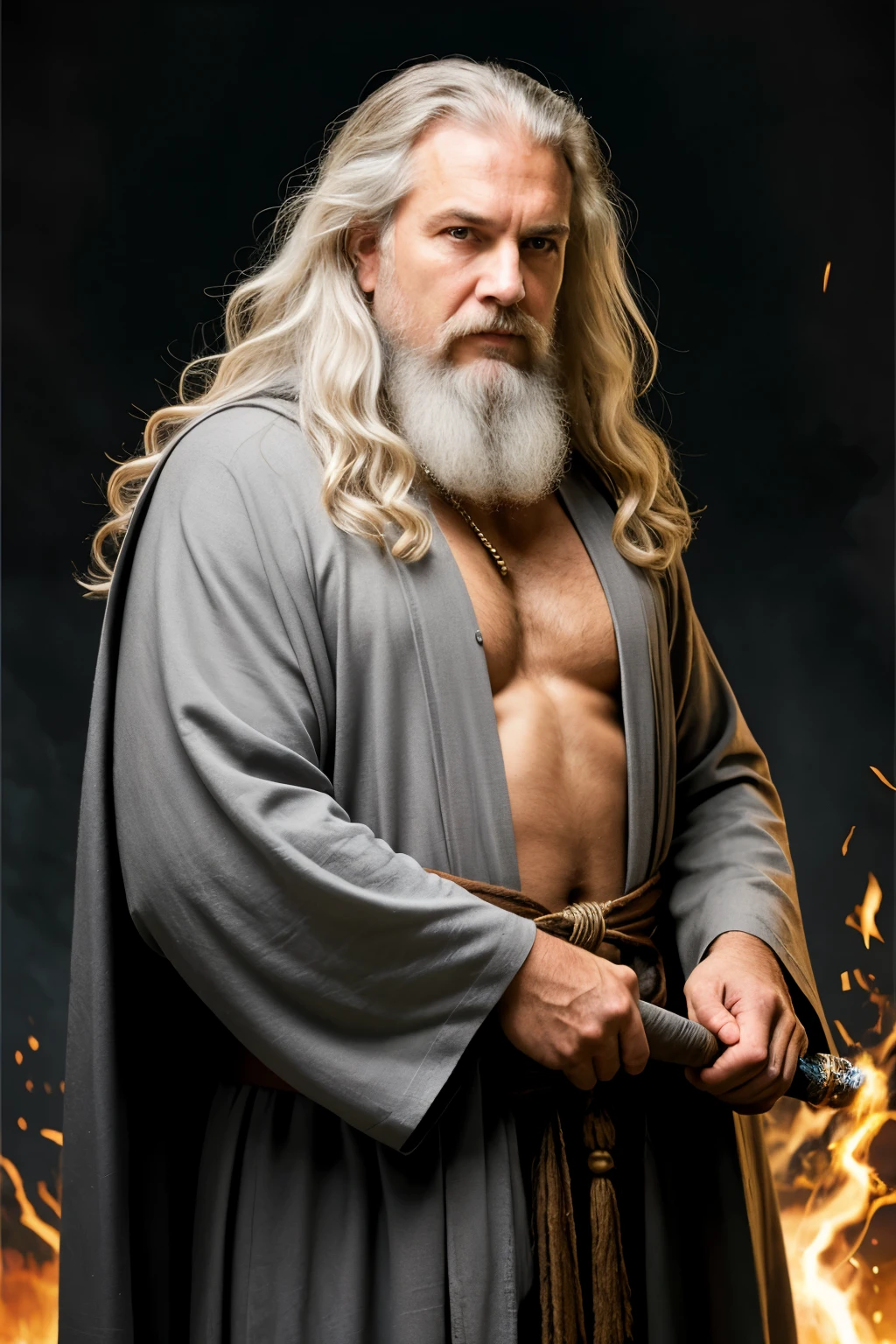 Clad in a flowing, weathered grey robe, he exudes an aura of timelessness and strength. His long, white hair and beard cascade down to his chest, framing a face etched with the lines of countless ages and experiences. His eyes, sharp and piercing, twinkle with a mix of mischief and profound knowledge. He wields a tall, intricate staff, which he uses both as a walking aid and a conduit for his formidable magical abilities. His presence commands respect and reverence. His voice, deep and resonant, carries the weight of authority and wisdom, often laced with a gentle humor that endears him to those who travel alongside him. Whether casting powerful spells in battle or offering sage advice to his companions, He embodies the perfect blend of a wise mentor and a fierce protector, guiding the forces of good with unwavering resolve.
