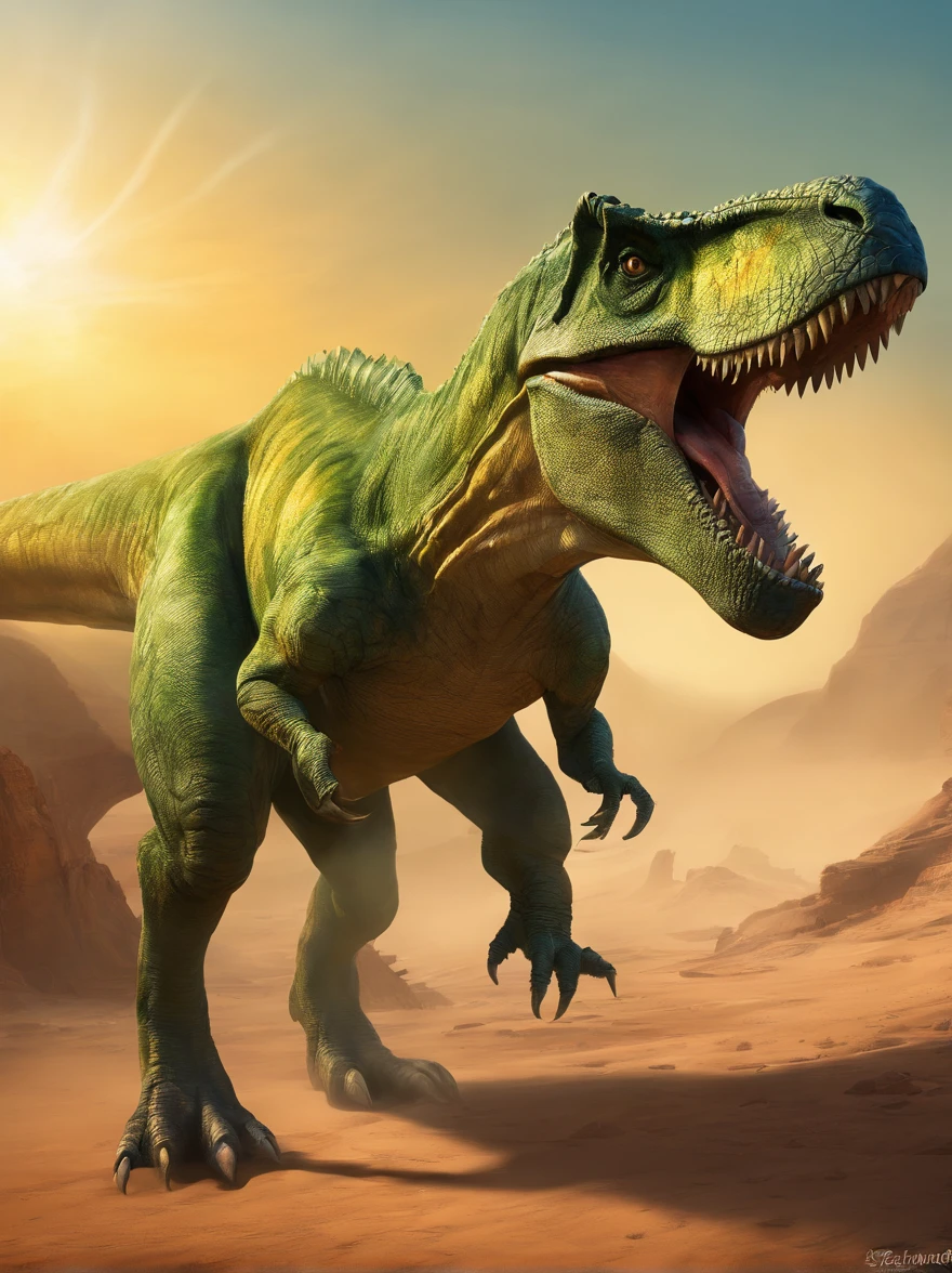 Imagine a fierce green Tyrannosaurus Rex dinosaur in a desert environment, With an open mouth and sharp fangs, The merciless sun shines in the sky, Dinosaurs' scaly skin reflected heat, Realistic Photography, 24mm wide-angle lens, --AR 16 :9-5 o'clock
