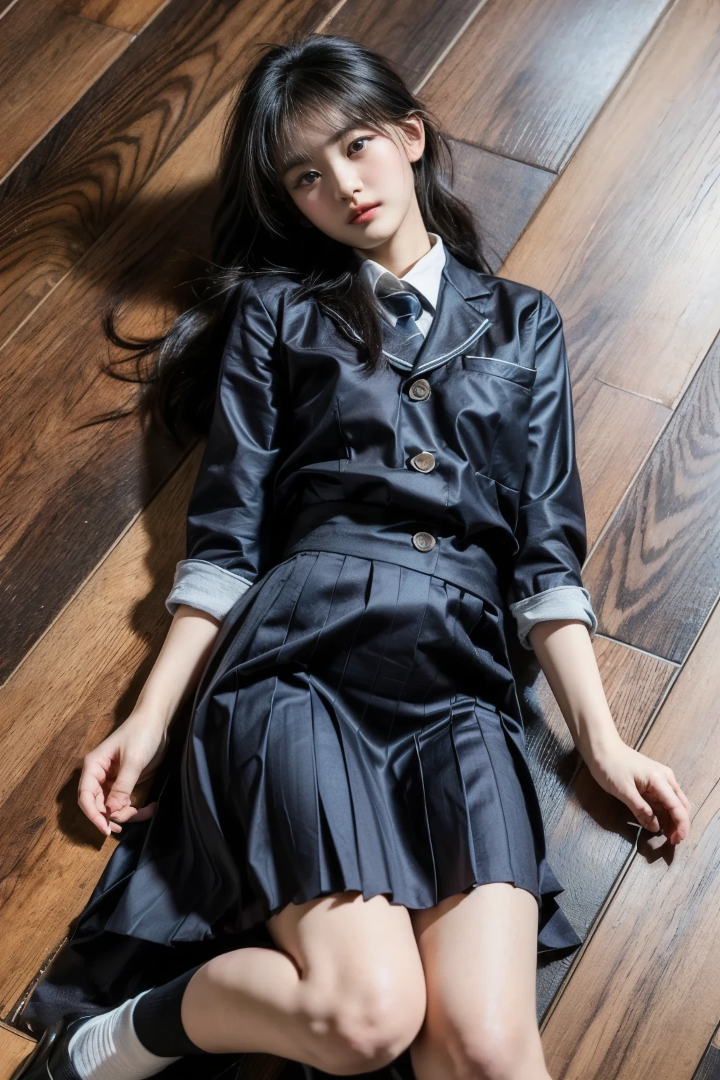 (realistic, photo-realistic:1.4),(best quality,masterpiece),RAW photo, high resolution, intricate details, finely detailed, incredibly detailed, extremely detailed, cinematic lighting, (full body, view from above, frontal photography:1.5),,    solo,1girl, an 18 years old Japanese idol, (lying on a floor:1.8), (very tall girl, smaller face, thin, slim, slender, thin legs), (fine fabric texture, wearing a tokiwadai school uniform:1.4), detailed face, beautiful detailed eyes, pale skin, 
photo background, indoors,