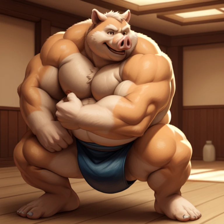 ((Masterpiece)),((Hight quality)),((Hught Detailed)),((Realistic,)) Anime Artistic masterpiece art, Concept anime art, Obese Nerd Pig, He is very Obese and very muscular beast, He wants to train and get bigger and stronger to become a huge sumo wrestler,