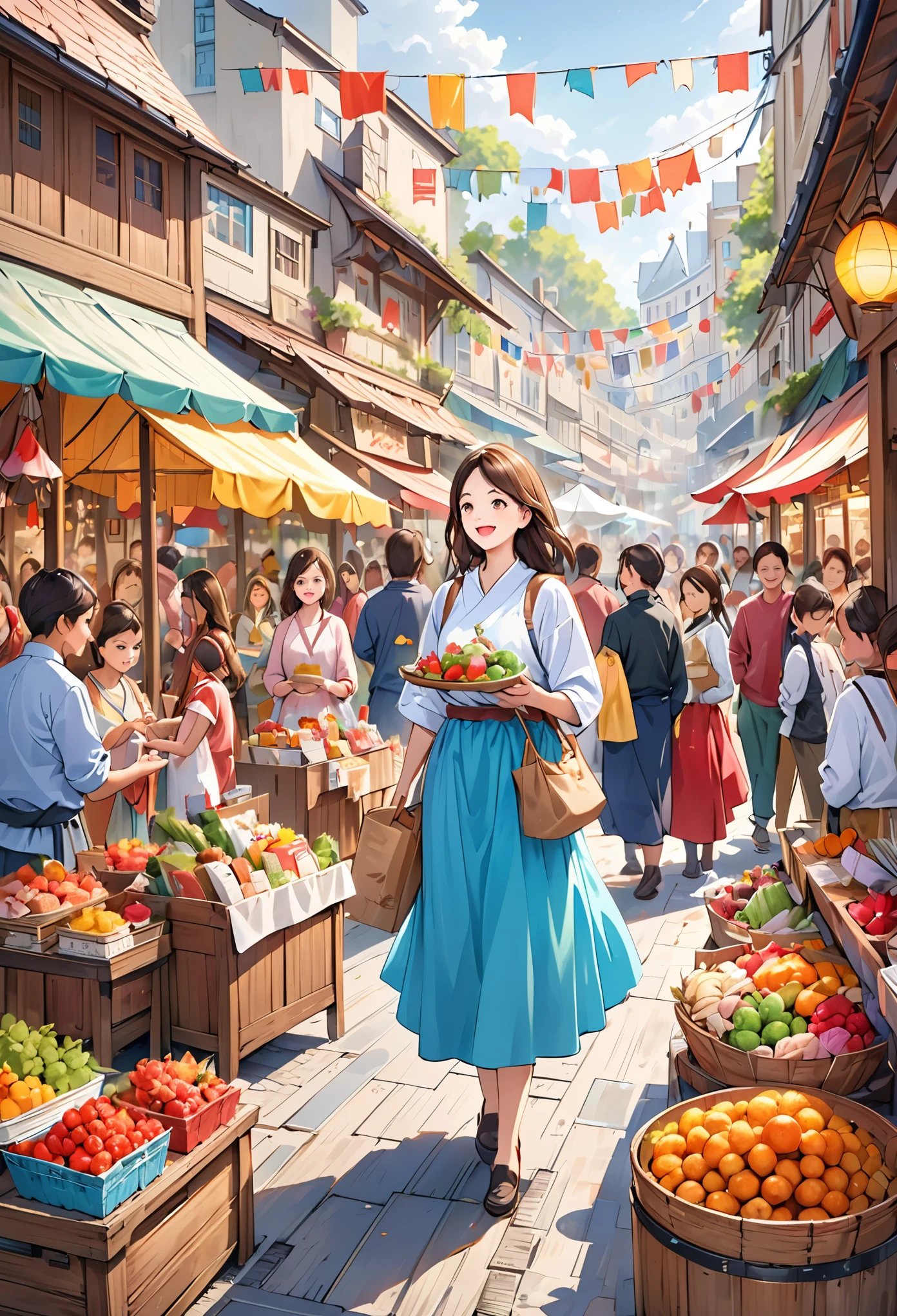 (high quality, best resolution:1.2), (ultra-detailed, hyper-realistic:1.37), (hand-drawn, hand-rendered), (vivid colors), (bokeh), (professional), (market, bazaar, marketplace), (food, produce, products), (crowded, bustling), (people, customers, shoppers, visitors), (queueing, waiting in line), (excited, eager), (food stalls, vendor booths), (children's illustrations), (flat style), (colorful, vibrant), (joyful, cheerful), (playful, whimsical), (lively), (varieties, assortment), (fresh, organic), (aromas, fragrances), (enticing, tempting), (appetizing), (mouth-watering), (flavors, tastes), (textures, consistencies), (natural ingredients), (handmade, artisanal), (unique, one-of-a-kind), (traditional, authentic), (local, regional), (cultural, ethnic), (diverse, multicultural), (community gathering), (social interaction), (happiness, delight), (memorable experience), (capture the atmosphere), (attractive, eye-catching)