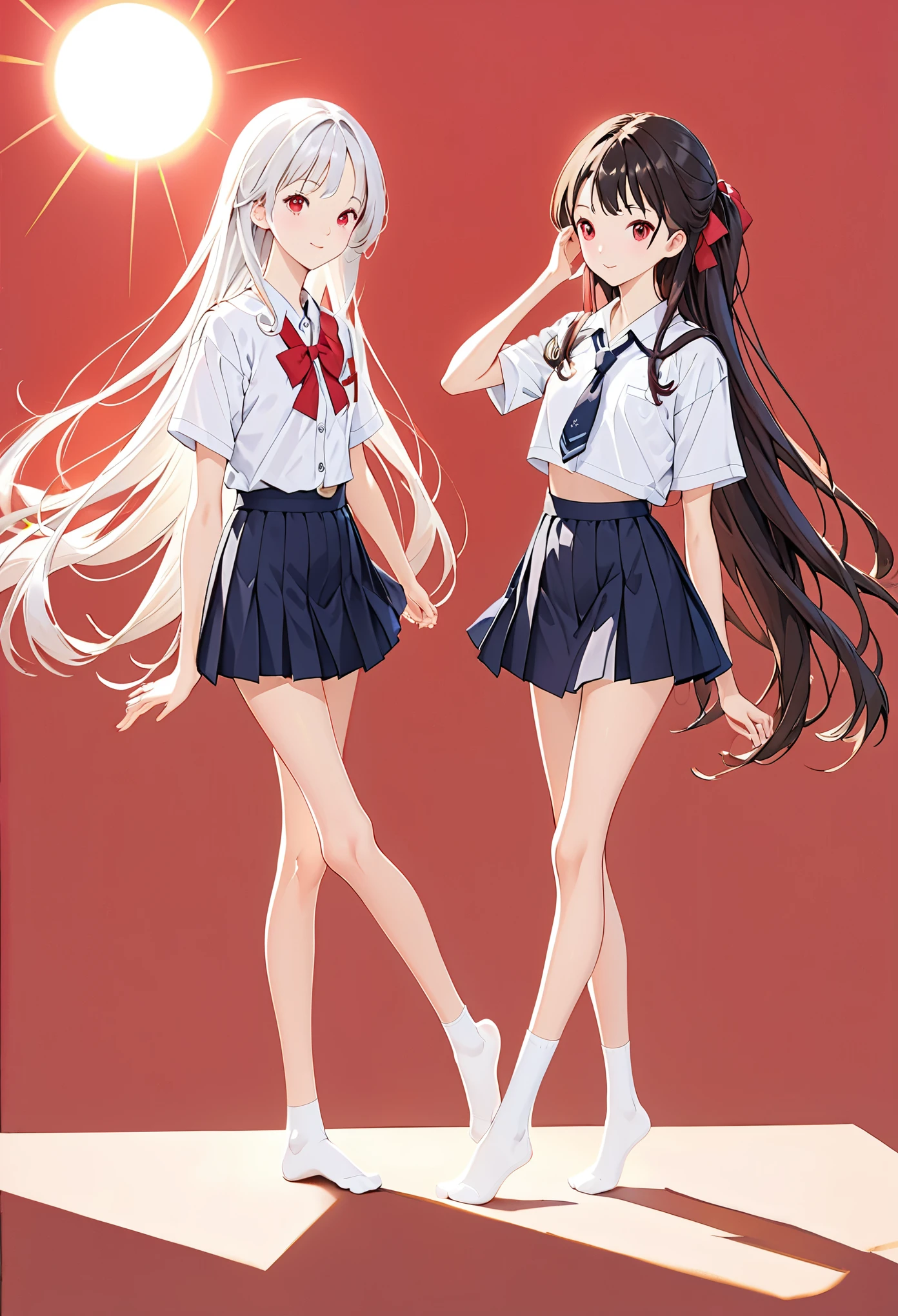 8k,best quality,masterpiece,ultra high res,(photorealistic:1.4),(2girls:1.5),(full body:1.5),(standing shoulder to shoulder),smile,cure beauty,perfect face,detailed face,long hair,bangs,ponytail,Short Twintails,V-gesture,schooluniform,(white short-sleeved,JK_shirt),JK_style,(black JK_skirt),JK_tie,JK_bow,(knee-high socks:1.3),(((only wearing white socks))),(no shoes:1.5),(very long legs, slim legs,long slender legs:1.2),(backlighting:1.2),(solid background,simple background,red background:1.2),