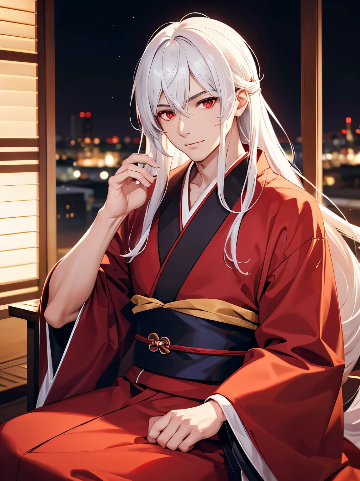 1 man,guy, handsome,30 years old,Sit on the chair,white hair, long hair, red eyes,red kimono,men's kimono, at night,ultra detail, perfect face, clear face, HD face,Ultra detailed face,half body photo
