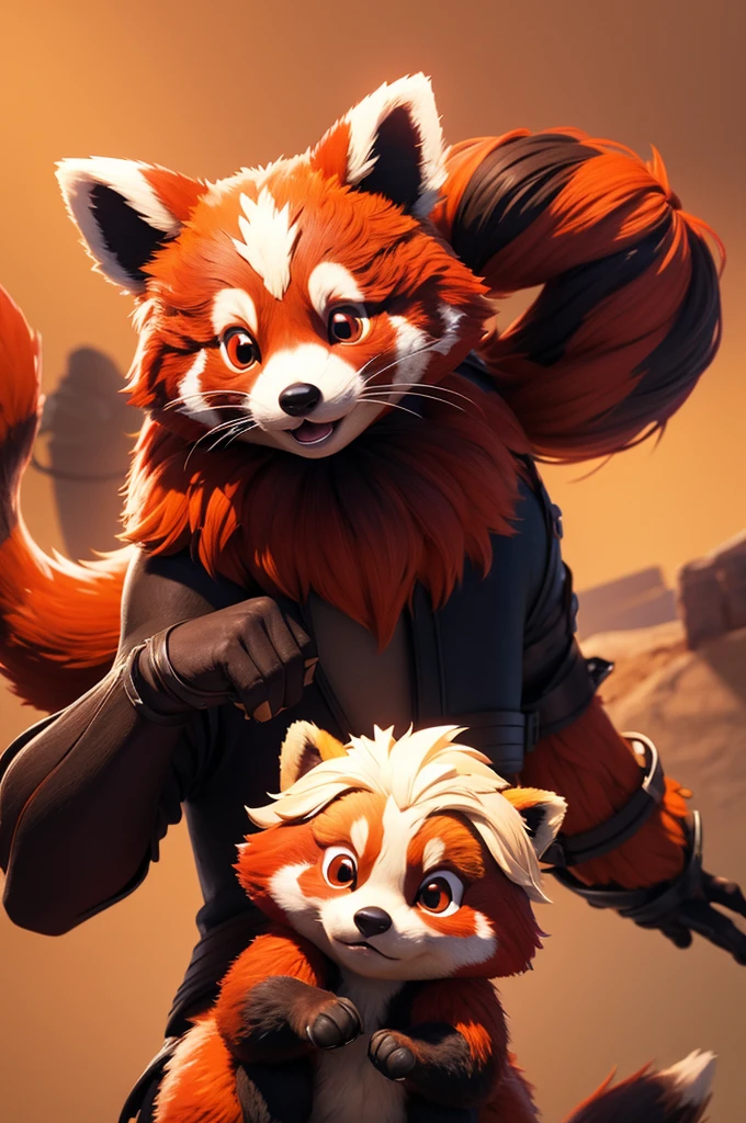 Make a very beautiful red panda picture, It should be 3D, very cute, touch, Surrealism,Rocket Raccoon