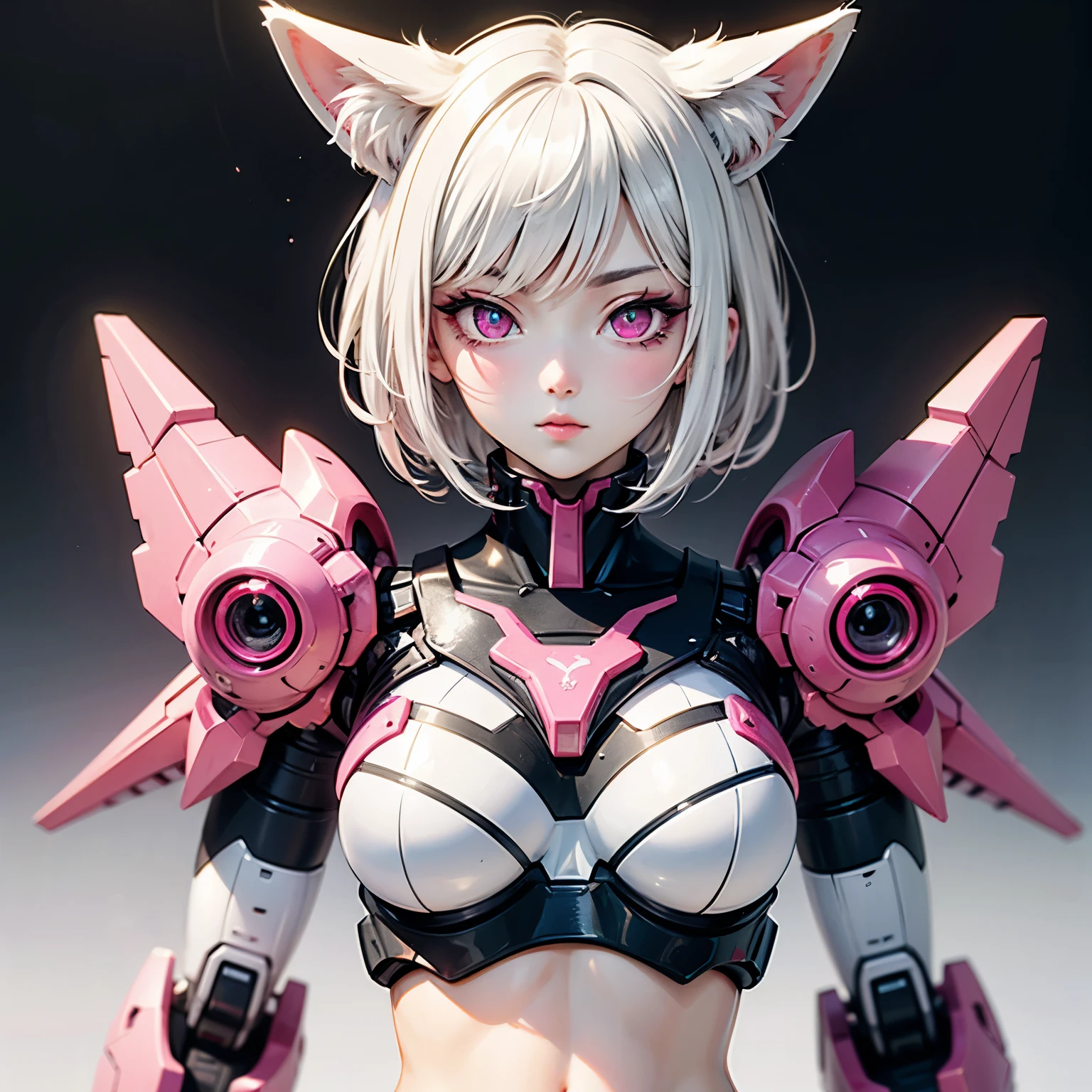 ((best quality)), ((masterpiece)), (detailed), perfect face. White hair. Short hair. Ulzzang. Asian girl. Black eyes. Mecha. Nekomimi. Pink eyes. Belly.