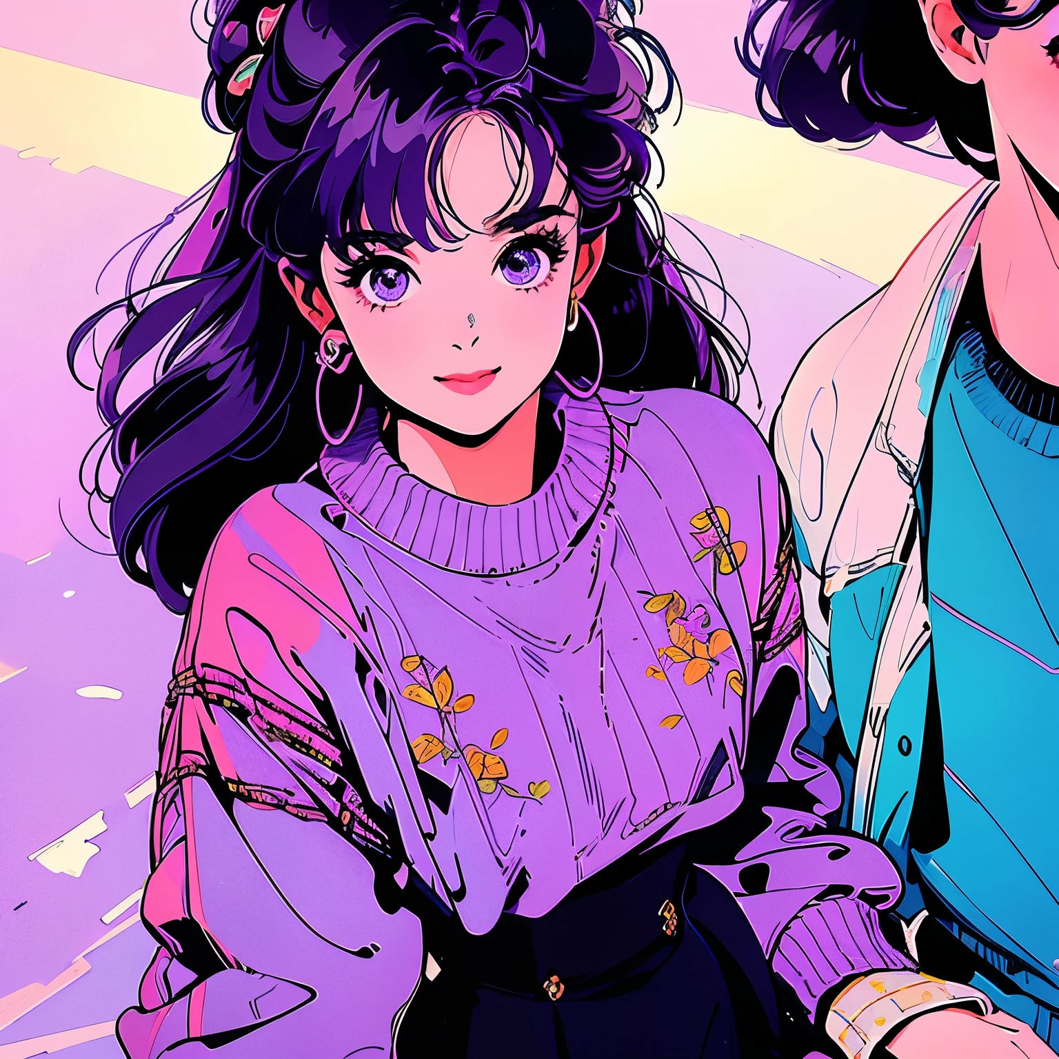 whole body, Upper Body、Beautiful woman、1 person, 4k, sweater、skirt, Shopping Street、Complex background、Bright purple hair、Detailed Hair、Floral、Camera view from above、smile