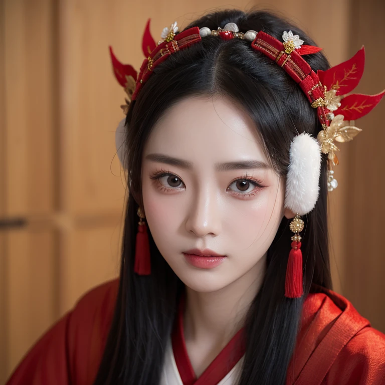 Costume，Beauty，Mug shot，Positive face，High-end，High and cold，High-end Hanfu，The head occupies the main part of the picture，The background is black and red，Lots of headdresses