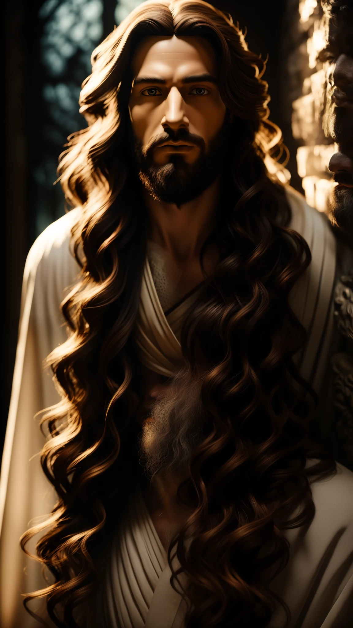 With high definition images, skillfully crafted in the art of fresco, stands a captivating Portrait of Jesus Christ. The celestial light of the heavens envelops Him, casting a divine radiance that effortlessly sets Him apart. The intricate details of His facial features, from the deep, compassionate eyes to the serene expression, are meticulously captured, replicating the realism of His visage. The delicate lines and textures of His flowing robes, enhanced by the striking contrast of light and shadow, make this masterpiece an ethereal testament to Christianity.