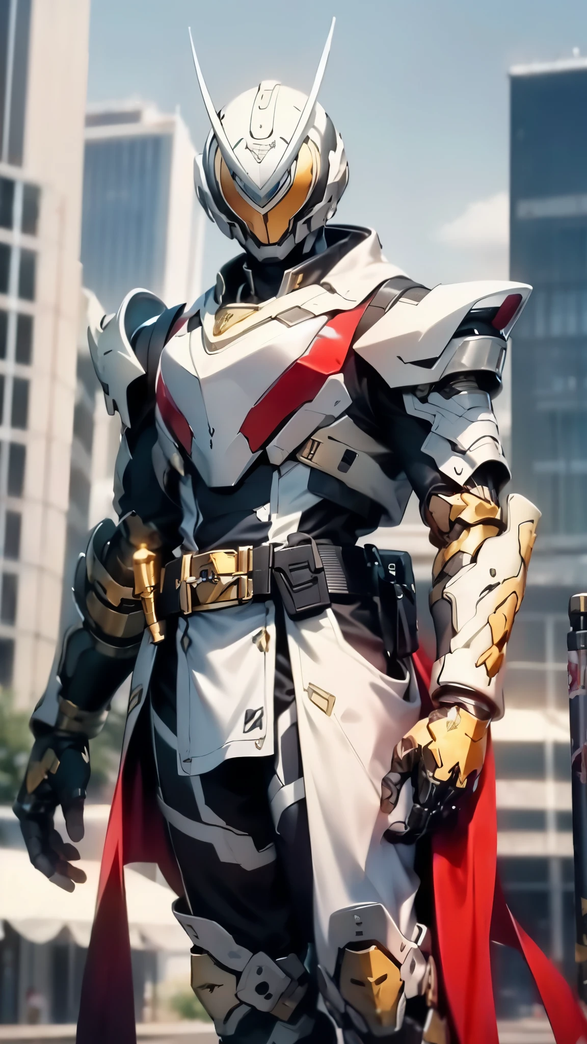 A man wearing a full-face helmet, a fantasy-style biotech armored combat suit, green eyes, (a composite layered chest armor), fully enclosed shoulder guards, matching arm and leg guards, the belt is adorned with cross, (the color scheme is primarily white with golden and blue accents), the design balances heavy with agility, a high-tech bio-mecha armor, (Armor Concept Inspired by Paladin, stand on the top of a skyscraper in a futuristic sci-fi city), this character embodies a finely crafted fantasy-surreal style armored hero in anime style, exquisite and mature manga art style, (battle damage, element, plasma, energy, the armor glows), ((male:1.5)), metallic, real texture material, dramatic, high definition, best quality, highres, ultra-detailed, ultra-fine painting, extremely delicate, professional, perfect body proportions, golden ratio, anatomically correct, symmetrical face, extremely detailed eyes and face, high quality eyes, creativity, RAW p