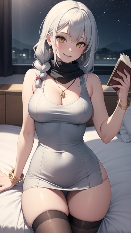 masterpiece, best quality, 1 solo girl, silver hair, yellow eyes, long hair, medium breasts, sexy body and face, wavy hair, smile, sleeveless shirt, scarf, black thigh-high, mini skirt, pendant, bracelet, jewelry, earrings, feather hair ornament, book, lying at the bed, night, sexy pose, cowboy shots, detailed body, face, and eyes, sharp focus, vibrant, creative, dynamic, high definition, high resolution, 8k, (Upscale: R-ESRGAN 4x+ Anime6mage enchance:4x), voluptuous body, cinema lightning, dakimakura style, looking at the viewer, single braid