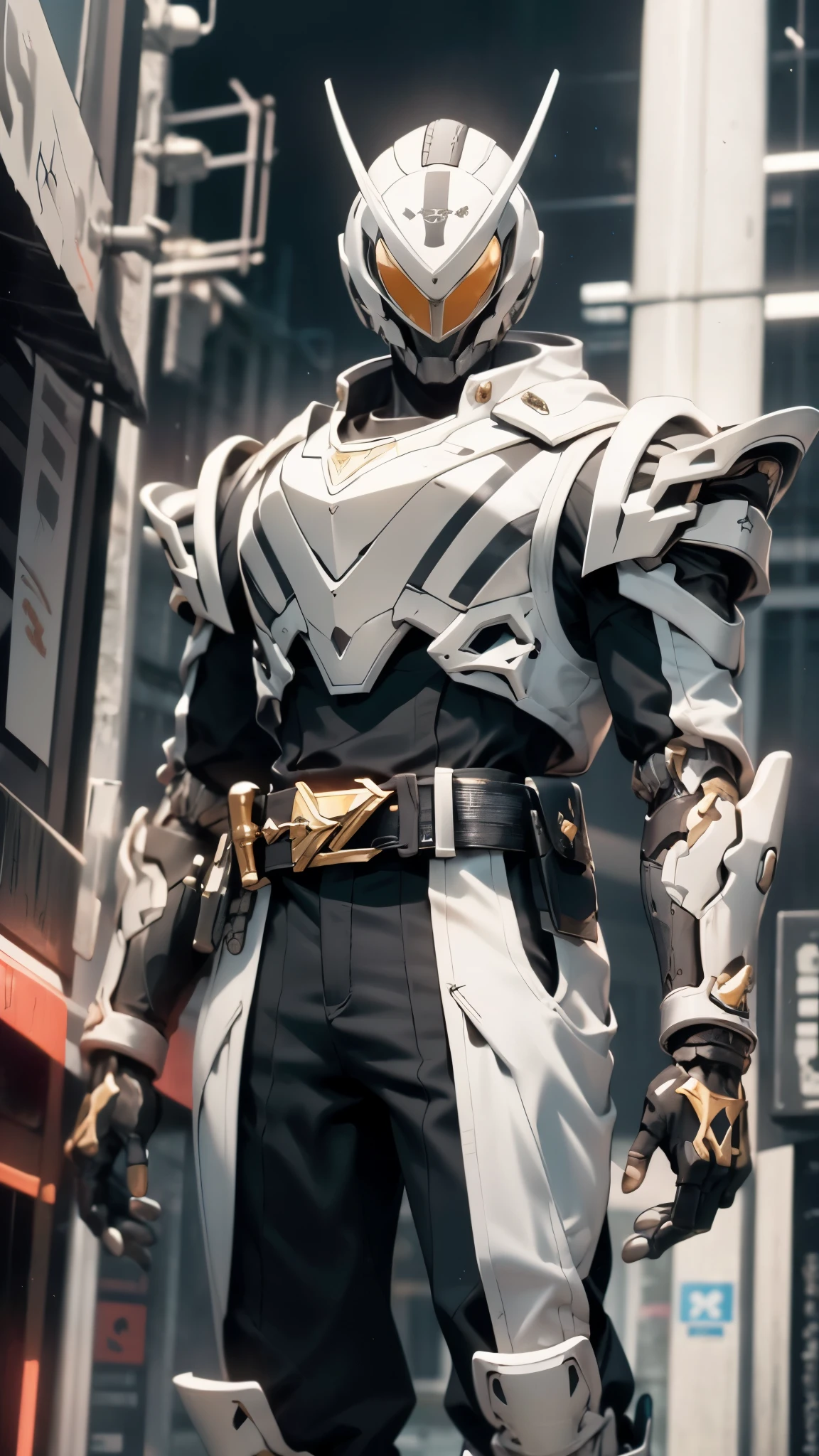 A man wearing a full-face helmet, a fantasy-style biotech armored combat suit, green eyes, (a composite layered chest armor), fully enclosed shoulder guards, matching arm and leg guards, the belt is adorned with cross, (the color scheme is primarily white with golden and blue accents), the design balances heavy with agility, a high-tech bio-mecha armor, (Armor Concept Inspired by Paladin, stand on the top of a skyscraper in a futuristic sci-fi city), this character embodies a finely crafted fantasy-surreal style armored hero in anime style, exquisite and mature manga art style, (battle damage, element, plasma, energy, the armor glows), ((male:1.5)), metallic, real texture material, dramatic, high definition, best quality, highres, ultra-detailed, ultra-fine painting, extremely delicate, professional, perfect body proportions, golden ratio, anatomically correct, symmetrical face, extremely detailed eyes and face, high quality eyes, creativity, RAW p