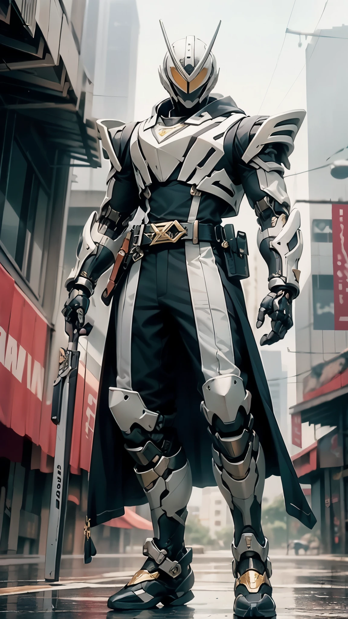 A man wearing a full-face helmet, a fantasy-style biotech armored combat suit, green eyes, (a composite layered chest armor), fully enclosed shoulder guards, matching arm and leg guards, the belt is adorned with cross, (the color scheme is primarily white with golden and blue accents), the design balances heavy with agility, a high-tech bio-mecha armor, (Armor Concept Inspired by Paladin, stand on the top of a skyscraper in a futuristic sci-fi city), this character embodies a finely crafted fantasy-surreal style armored hero in anime style, exquisite and mature manga art style, (battle damage, element, plasma, energy, the armor glows), ((male:1.5)), metallic, real texture material, dramatic, high definition, best quality, highres, ultra-detailed, ultra-fine painting, extremely delicate, professional, perfect body proportions, golden ratio, anatomically correct, symmetrical face, extremely detailed eyes and face, high quality eyes, creativity, RAW p