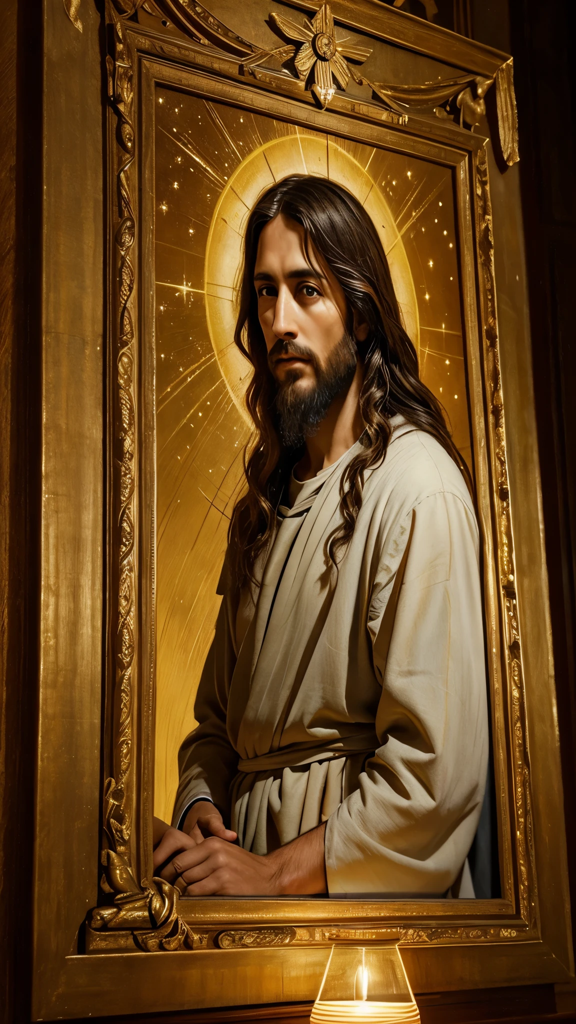 A magnificent and mystical portrait of Jesus Christ in the traditional fresco style、 With fine details and high definition images、 The divine light of heaven, meticulously crafted to envelop him.、 Brings brilliant sparkle and striking contrast、 As if Jesus himself had descended from heaven、 Illuminating the canvas with his divinity、 A masterpiece of unparalleled beauty and precision、 Across Time and Space、 A spiritual testimony of faith and devotion。