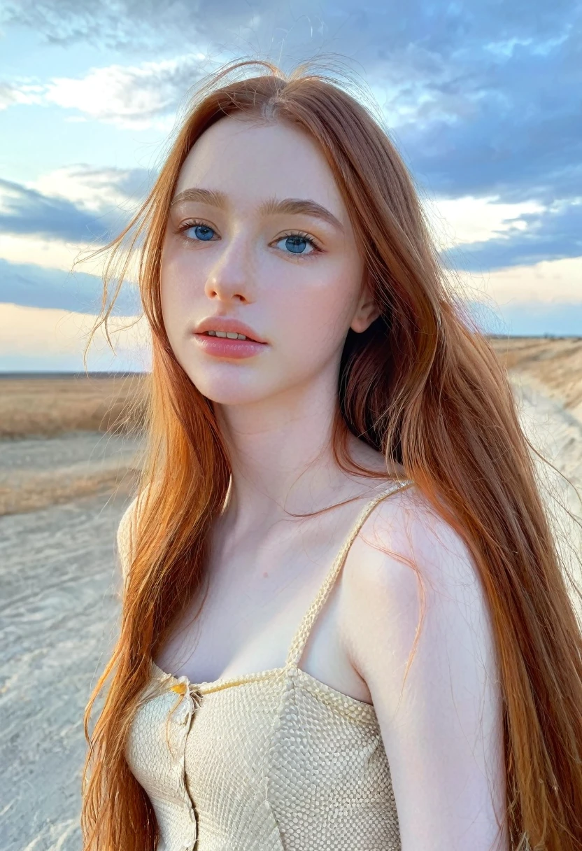 ((intricate details, pale skin)), solo, very detailed, detailed face, very long hair, picture of a beautiful young woman, dasha_taran, sfw, ((natural orange hair)), High Definition RAW Photography, 16k photography, (full body), standing, delicate facial features, pretty face, detailed full body, visible from head to knees, (bright sky-blue eyes:1.2), mesmerizing eyes, emotive longing expression, (cinematic, film grain:1.1)