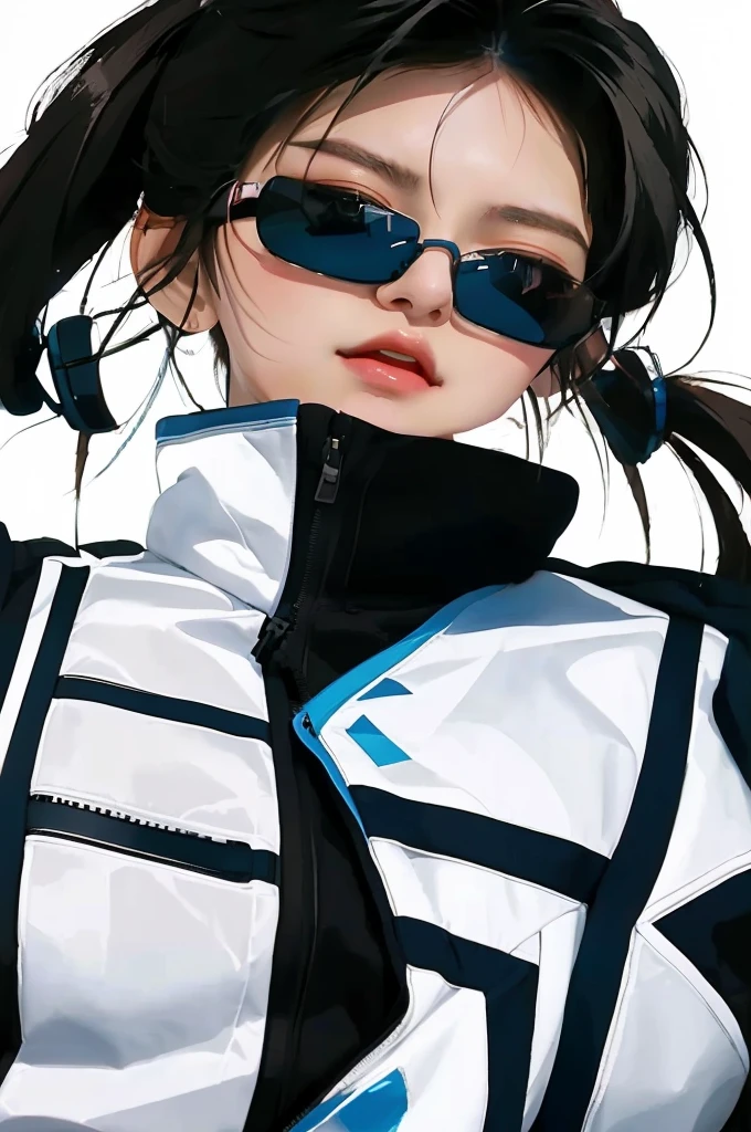 Anime girl with sunglasses and white jacket and black hair., Inspiration from Leng Mei, artwork in the style of Guvez, Clean art style, digital anime illustration, city girl fan art, cyberpunk anime girl in hoodie, cyberpunk anime girl, Vertical Anime Space Cadet, E-girl, E-girl, Guvez, Anime style digital art, okay