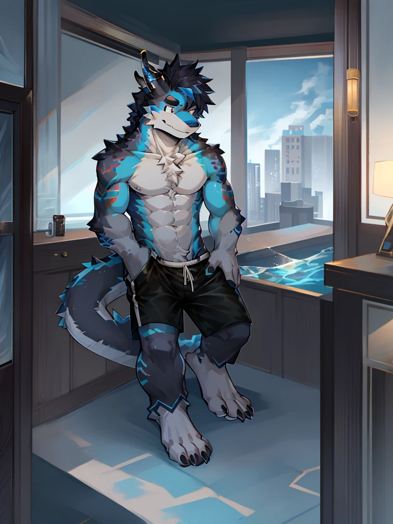 Chinese dragon boy,Gray fur,Topless, mammal, hairy,Black eyes,upscale hotel,Blue and black gradient swimming trunks quality