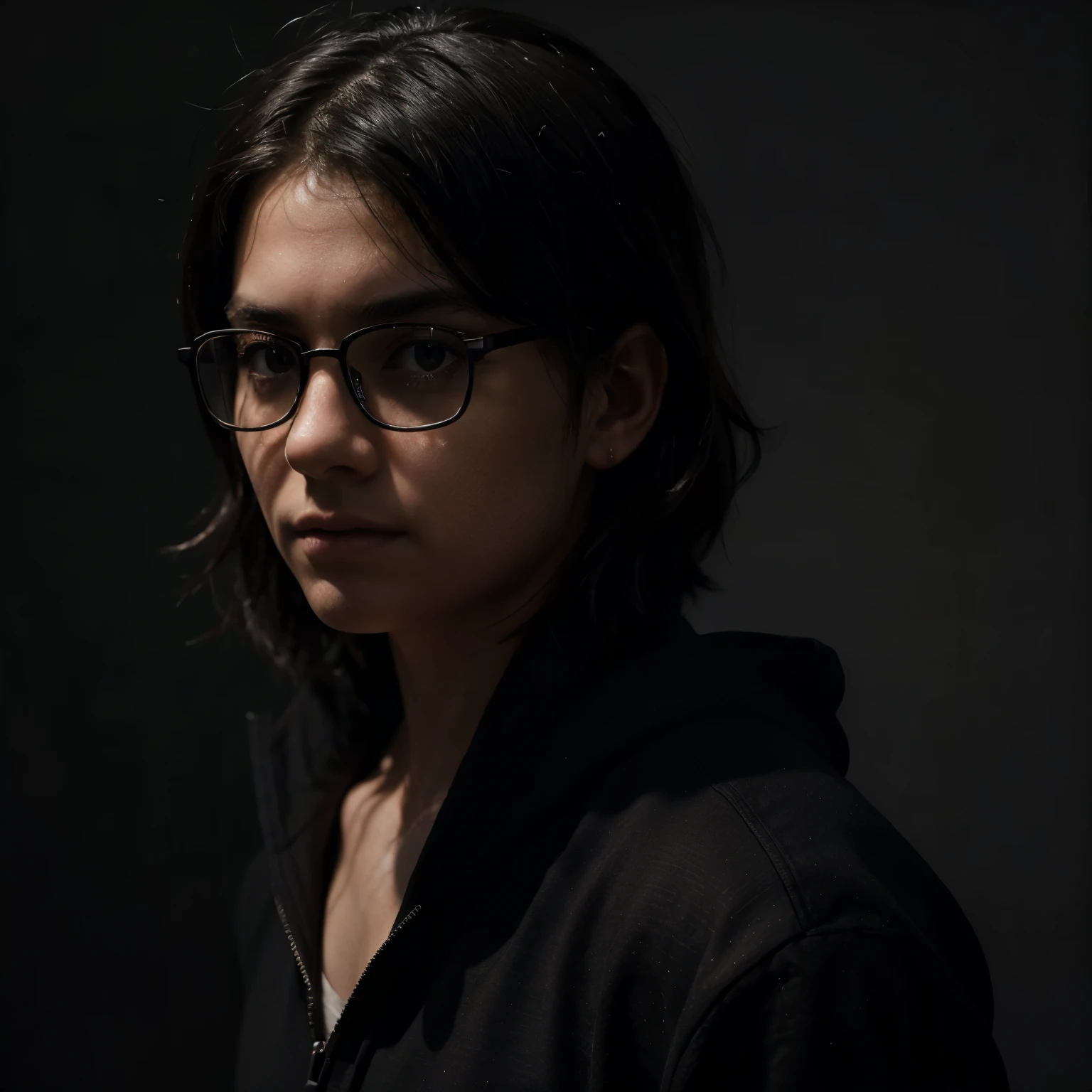 (best quality,highres,ultra-detailed),a 14-year-old boy with black hair wearing black hoodie and glasses on a black background,portrait,pencil sketch,subtle lighting,Intense gaze,detailed hair strands,dark and moody atmosphere,sharp focus,expressive facial features,contrast lighting,monochromatic color scheme,depth in the eyes,perfectly styled hair,emotions captured,realistic and lifelike portrayal,hint of mystery and intrigue,thoughtful expression,Glasses reflecting light,high contrast shadows,captivating and engaging,striking composition,nuanced shadows,dramatic lighting,contrast between lights and darks.