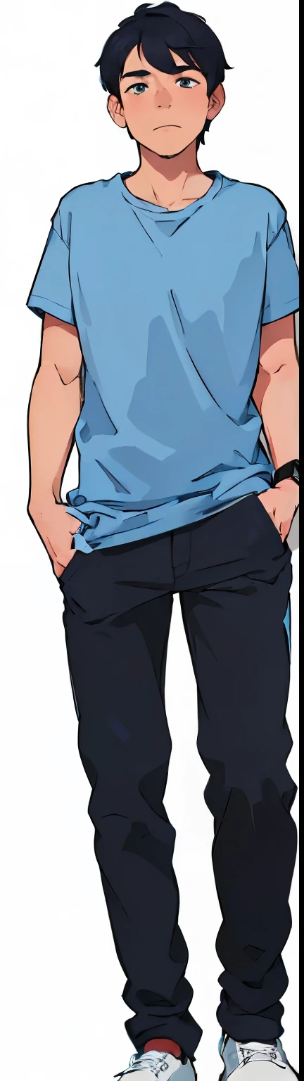 Cartoon of man wearing blue shirt and black pants, Hands on Hipss, Wearing pants and T-shirt, with Hands in pockets, Shrink the whole body, Hands on Hips, Full body close-up, Medium shot from waist up, Wear casual clothing, Hands in pockets, Short full-body portrait!, Wear casual clothing, Male adolescents
