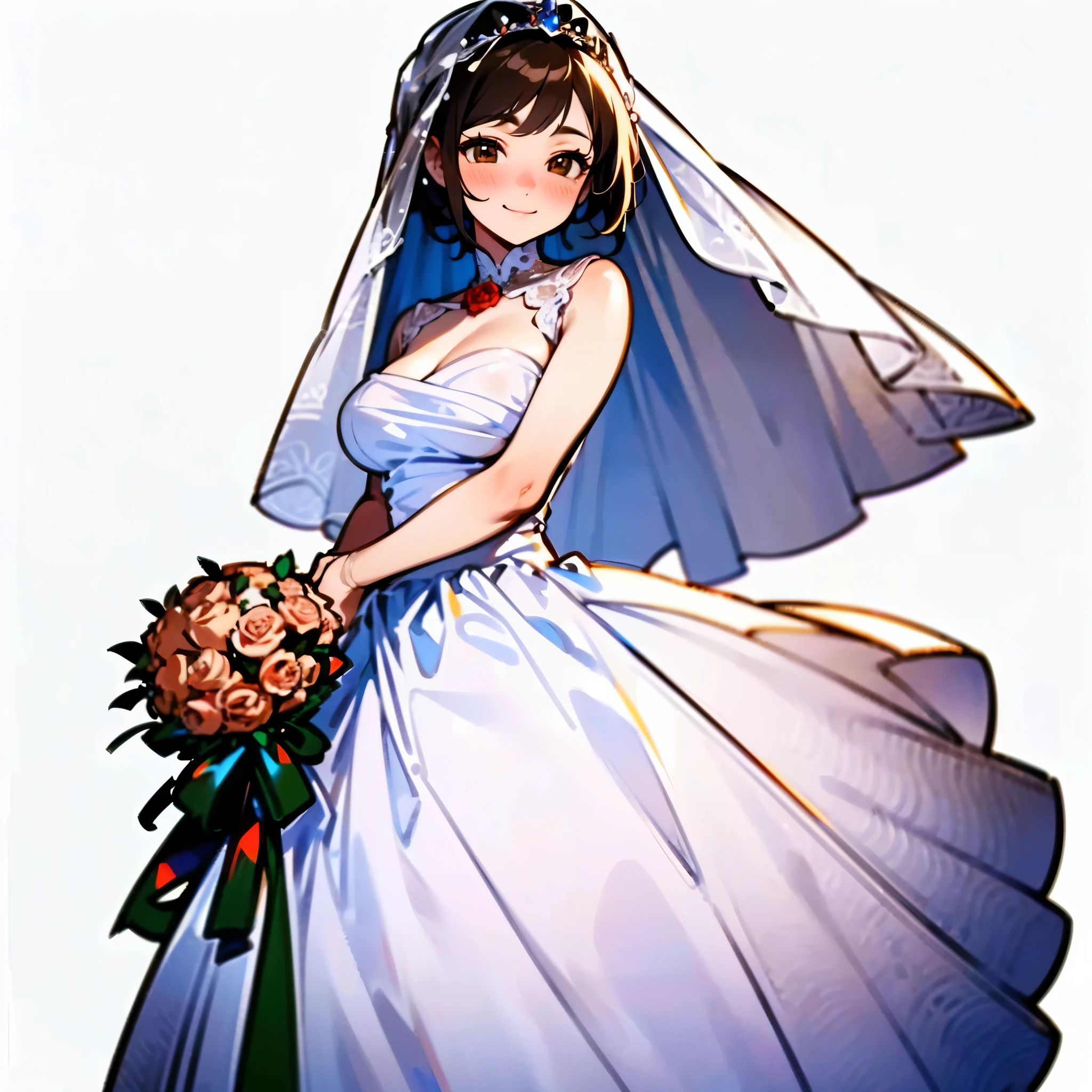 1woman, short brown hair, brown eyes, medium breast, wide hips, white wedding dress, wedding veil, cute smile, blush, ((holding a bouquet of roses)), ((solo)), ((best quality)), ((masterpiece)), portrait, looking at the camera, front view, simple background, ((detailed)), ((perfect anatomy)), ((detailed art)), ((high definition)), ((4k)), ((high resolution))
