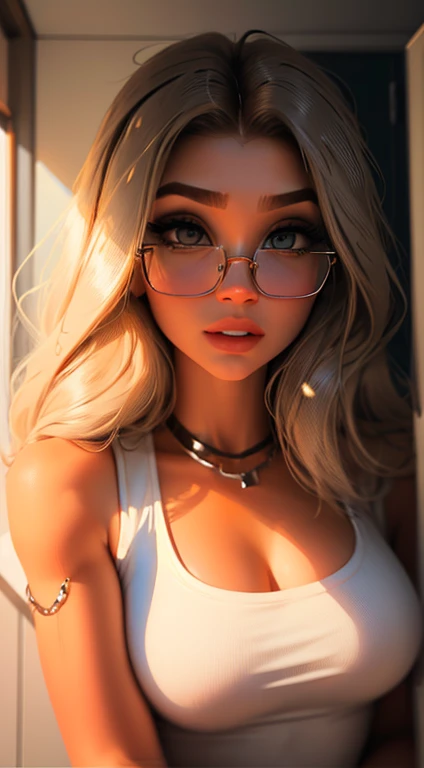 1girl, franja, Corpo de , olhos muito detalhados,  de 14 anos, penteados loiros, Penteado curto, clivagem, boca sensual, seios grandes, bunda de frente para o espectador, back to screen, sorrir, micro shorts 1.6, Ultra HD |, Imagem 4k, glasses, character near the camera, detalhe do cabelo, blondie 