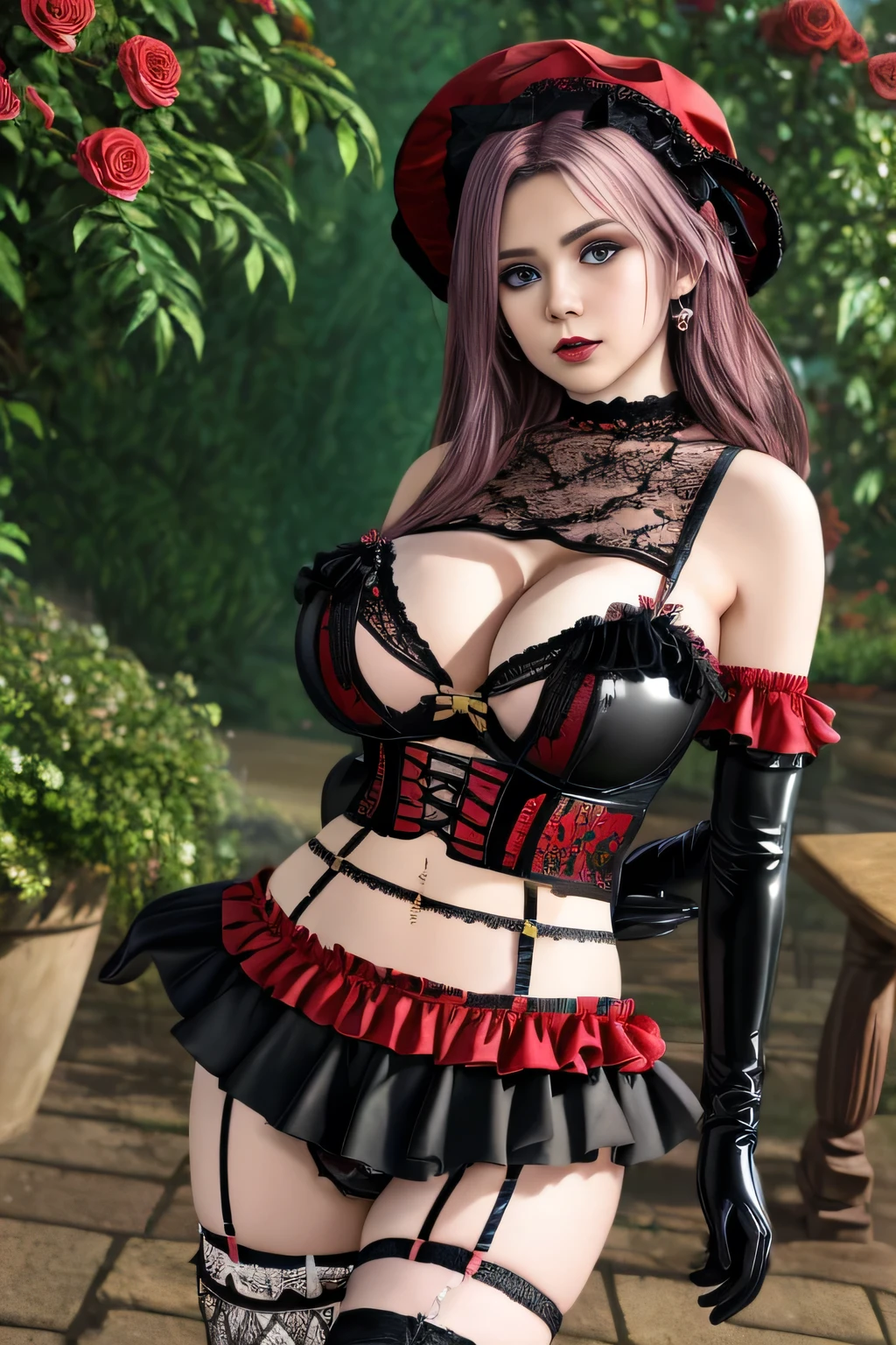 1 girl,BREAK (Royal:1.4), (red and black theme:1.5), ((red) bucket hat with rose corsage:1.4), (fusion of black high neck crop top and latex (red bustier):1.4), ((floral lace, see-through):1.3), ((sleeveless, bare shoulders):1.3), (red tiered skirt with black ruffles:1.4), ((ultra long gloves) with floral lace:1.3), (wrap a (cat garter) around thighs:1.4), outdoor,elegant,nighttime,moonlighe,shiny skin,( huge breasts), lip gloss,tattoos, masterpiece, best quality, realistic ,Surrealism,natural colors art in 8k,soft shadows,High-definition RAW color photos professional portrait photos,solo, elise,