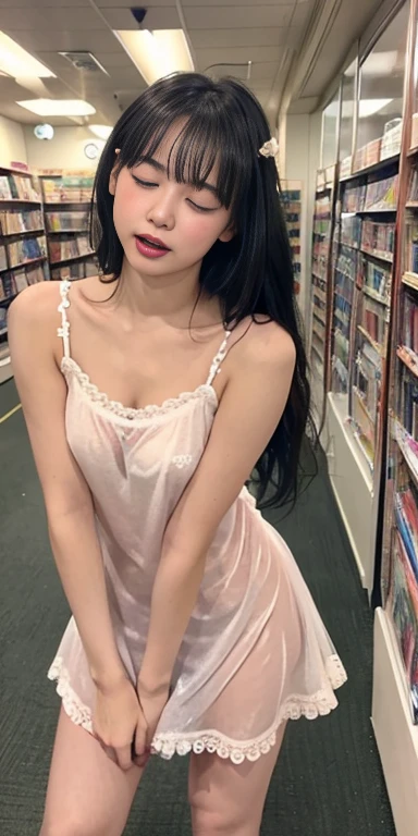 Forward bending pose、(Nightgown、SEE THROUGH)、beautiful girl、17-year-old girl、Perfect Skin、Perfect figure、(Huge breasts)、Small face、( half_closed eyes、open_mouth)、(blush、sobbing)、(Inside a Japanese video rental store、Bright corridor )、(In front of the guys、Being seen by men)、