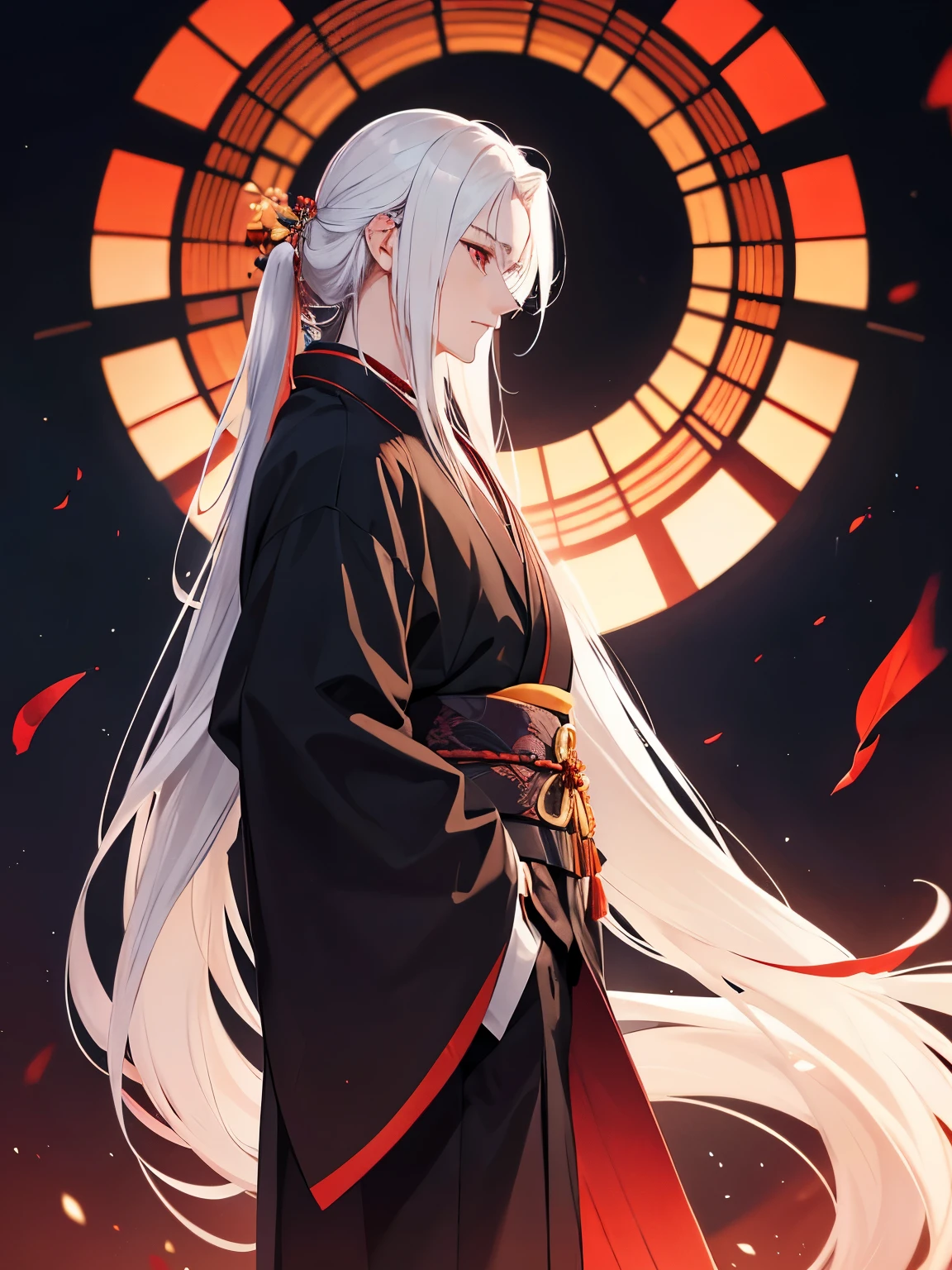 1 man,guy, handsome,Standing,Facing right, camera angle from the side, photo from the side, looking away, looking away,white hair, long hair, red eyes,men's kimono, at night,ultra detail,half body photo