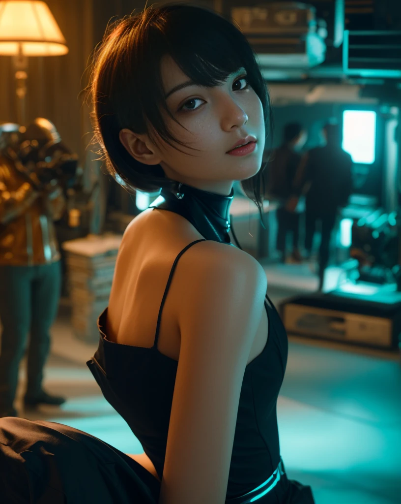 highest quality, masterpiece, Ultra-high resolution, Look to the side、((Realistic: 1.4), RAW Photos, 1 girl, Black Hair, Shiny skin, 1 Mechanical Girl, (Ultra-Realistic Details)), Portraiture, Global Illumination, Shadow, Octane Rendering, 8k, Ultra Sharp, big, Skin exposed through cleavage, Metal, Exquisite decorative details, More about Egypt, Very intricate details, Realistic Light, CGSoation Trend, To the camera, Neon Details, Mechanical Limbs, Blood vessels connected to tubes, Mechanical vertebrae attached to the back, Mechanical cervical attachment to the neck, Sitting, Wires and cables connected to the head, Evangelion, Small LED Lamp,