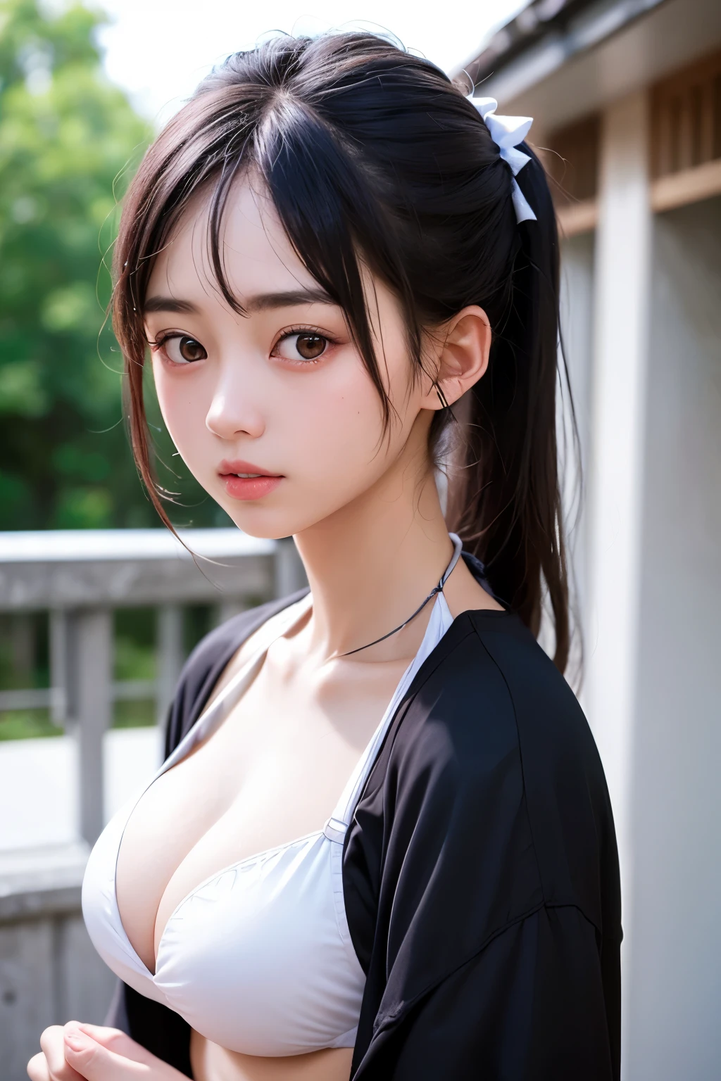(1 nogizaka girl,raw photo,photo realistic:1.5),(best quality, high quality,HDR, highest quality,ultra high resolution,high resolution,high res,ultra high difinition,huge file size,8K,2K wallpaper,8K wallpaper,high quality texture,amazing,an extremely delicate:1.4),one girl, Japanese famous idol,beautiful face,small face,absurd,ridiculous,incredibly ridiculous,portrait,breasts close up,blurry background,(bikini,maid,cleavage,no makeup:1.2),medium skin,beautiful skin,detailed skin,small head,black hair,silky hair,(Japanese eyes:1.3),detailed eyes,black eyes,Japanese idol eyes,Japanese nose,5-fingers,(Light Particles, Lens Flare, Luminous Particles: 0.7),looking at viewer,bright lighting,professional lighting,girl