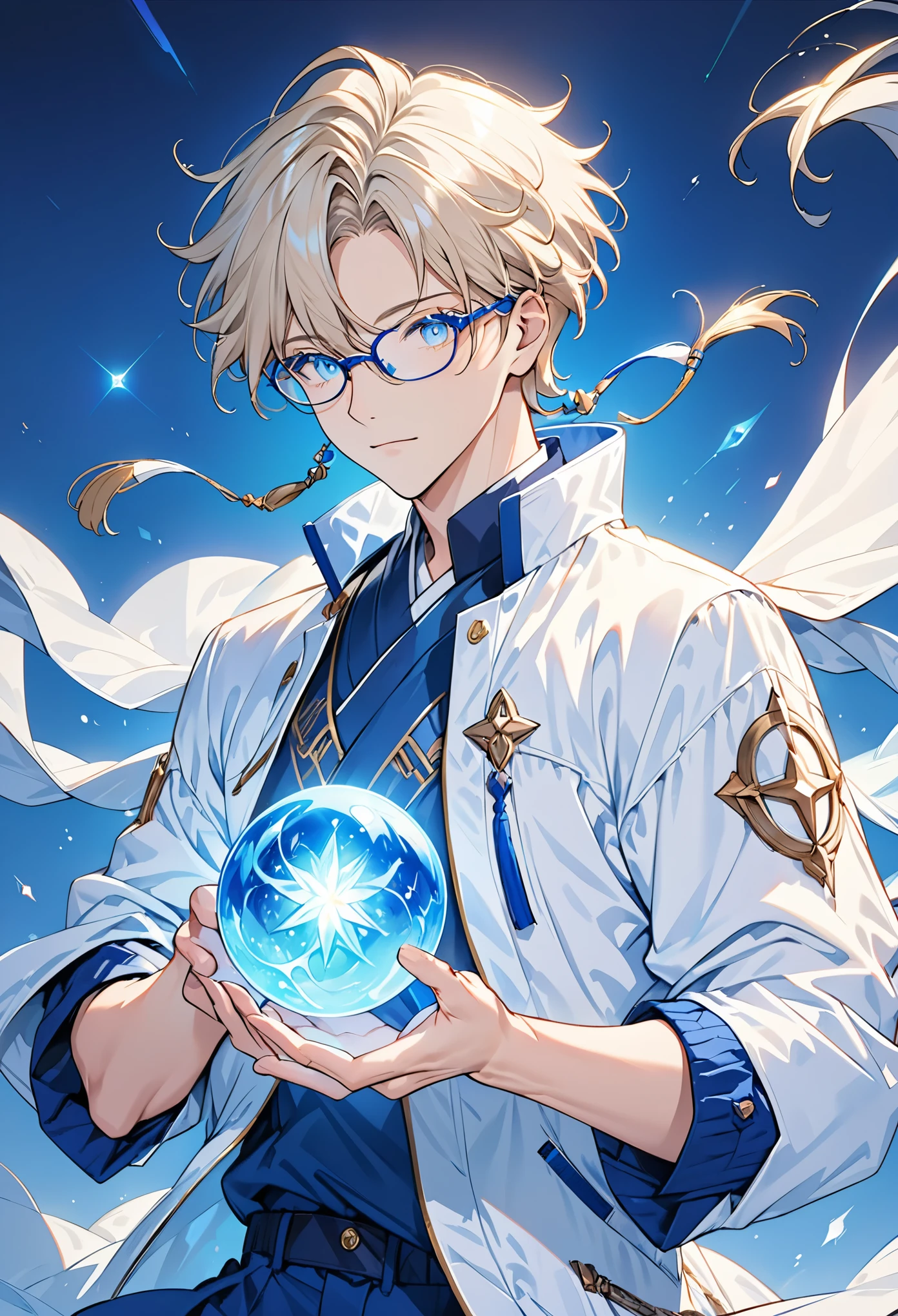  Codename Aether Star, a handsome young man wearing white and blue fashion jacket with glasses holding a glowing blue energy ball in hands, blue background, highly detailed, ultra-high resolutions, 32K UHD, best quality, masterpiece, 