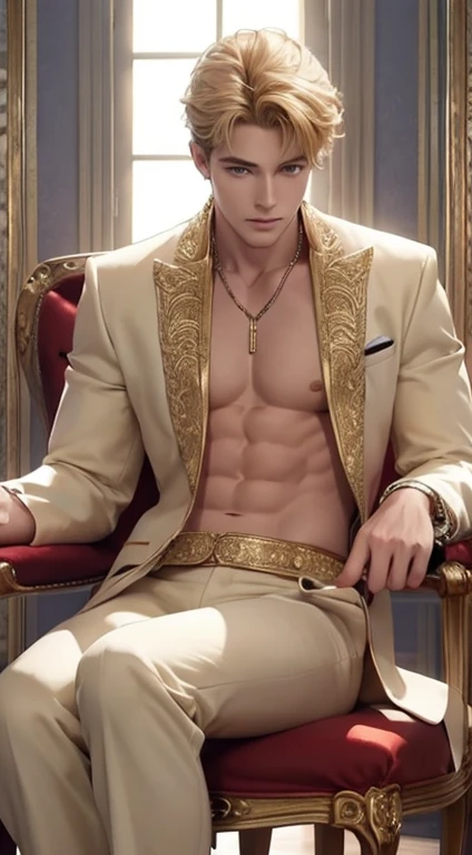 Full Body photorealistic shots of handsome hunky blonde Prince of the Sun, wearing gold, sitting on the elegant throne, sunshine, sunlight and sky as the background