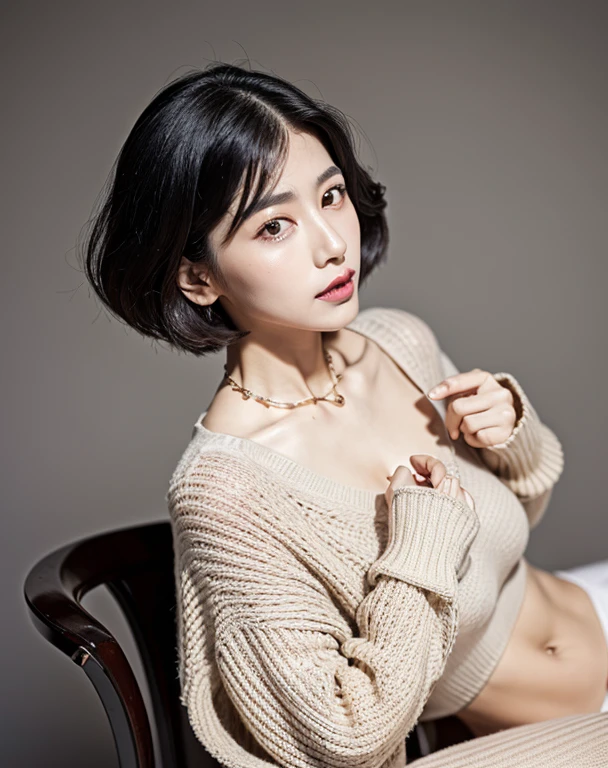 (highest quality, 8k, 32k, masterpiece, Ultra-high resolution:1.2),Beautiful Japanese Women Photos, Big Breasts, Very short bob hair,Upper Body,Face Focus,Extra Large_sweater, necklace, Simple Background, From above, View Viewer,