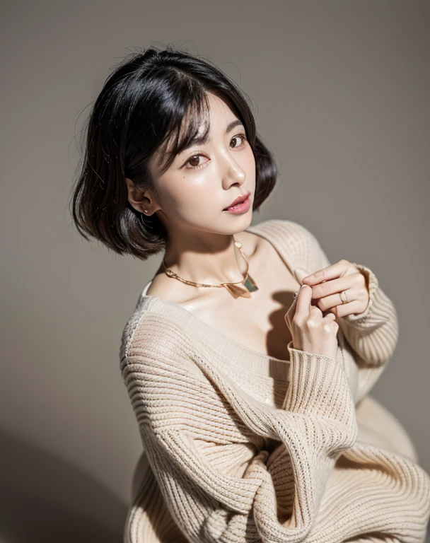 (highest quality, 8k, 32k, masterpiece, Ultra-high resolution:1.2),Beautiful Japanese Women Photos, Big Breasts, Very short bob hair,Upper Body,Face Focus,Extra Large_sweater, necklace, Simple Background, From above, View Viewer,