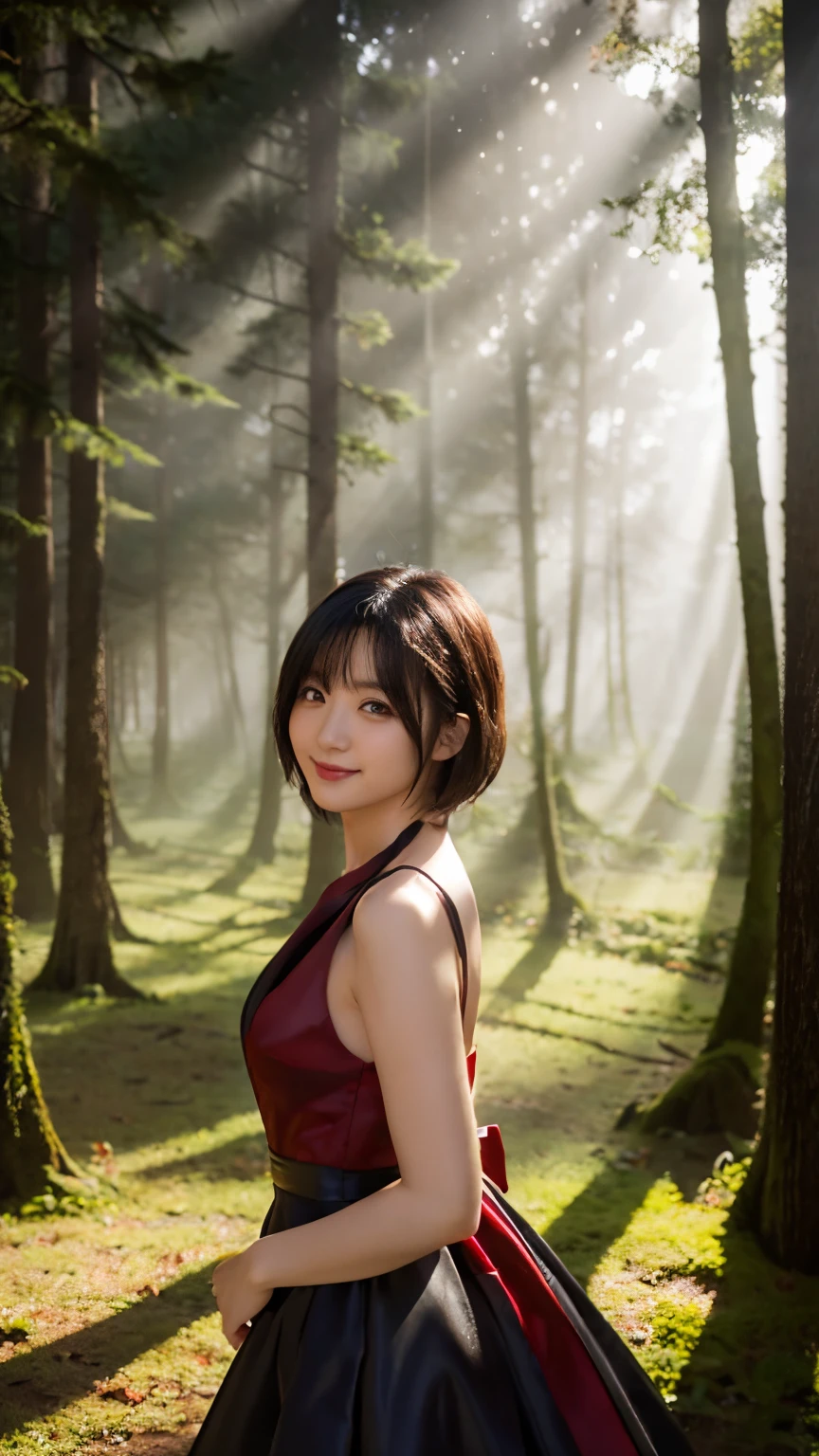 (highest quality,masterpiece:1.3,Ultra-high resolution),(Super detailed,Caustics,8k), (Photorealistic:1.4, RAW shooting),(A forest shrouded in a mysterious, dense fog),Sunlight filtering through the trees ,Light pours down,20-year-old,cute,Are standing,smile,Looking into the camera,Black short hair,(Crimson Dress), (Waist up shot),(High Position),(High angle),Natural light
