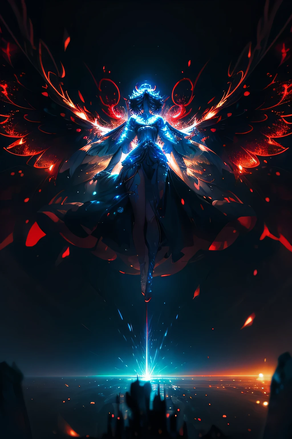 Anime Style Masterpiece, 8K Resolution, (Impeccable Detail: 1.3), Rerendered for Maximum Clarity, Epic Scene of an Angel Hugging a Demon, Sparkles Filling the Air, Full Body Shot, Intense Lighting that Highlights Every Facet of the Characters, Angel Adorned with Wings of Purest White, Demon with Scales that Glow with a Sinister Red, Aura of Holy and Dark Energy Swirling around Them, Detailed Background featuring a Celestial City in Ruins and a Dark, Sultry Abyss, Intricate Volumetric Lighting, Highly Det