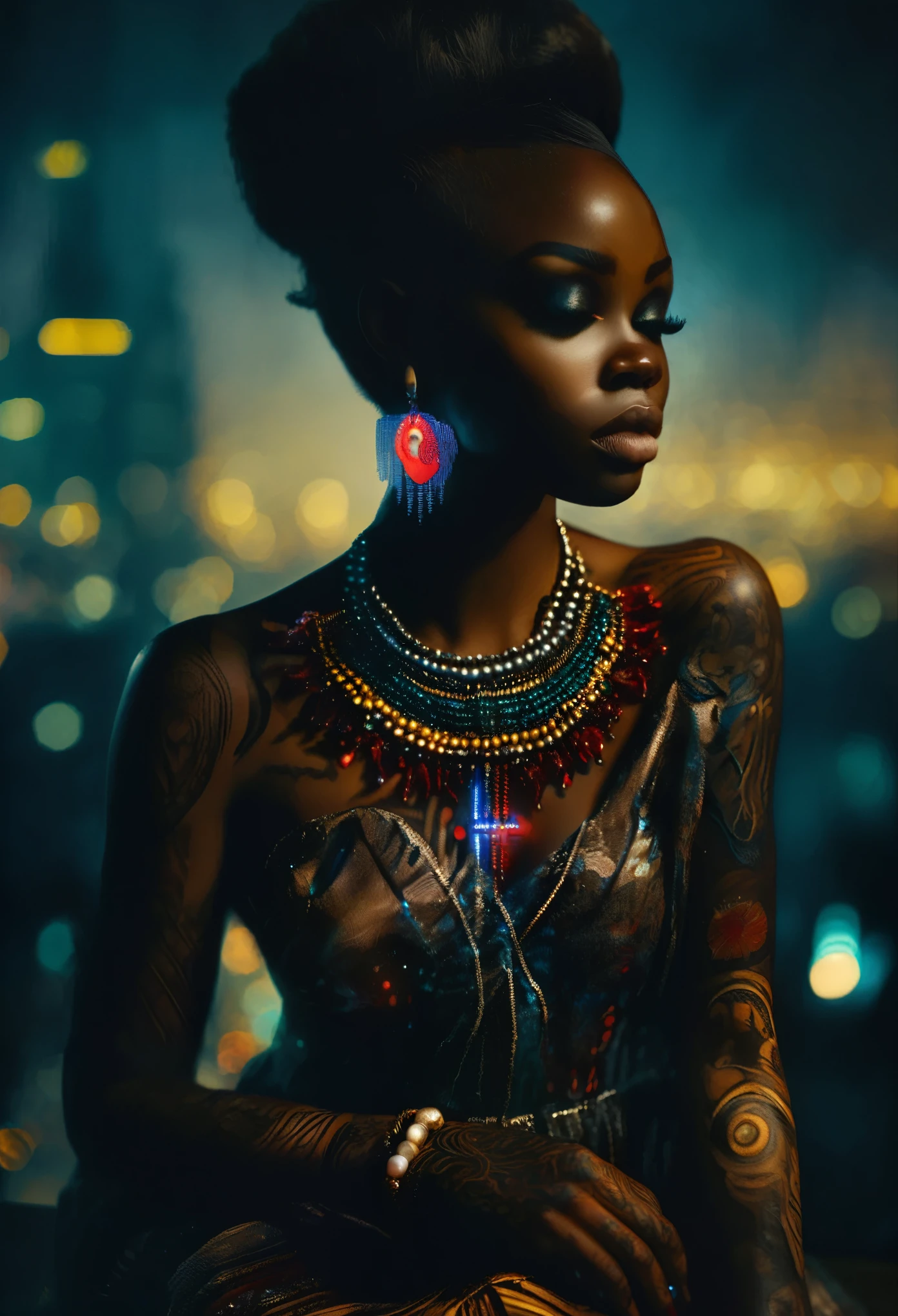 4D portrait of a full body image of a Black woman dressed in African designed clothes with neon lit glowing red and blue tattoos, with tattoos lighting the scene, a yellow fog atmosphere in the scene, dim lit scene with only the tattoos shining in the scene, In the background of the city, Oil Painting, 3/4 Profile view, gorgeous African designed pearl necklace, Luxurious fabrics, detailed embroidery, Moody chiaroscuro lighting, hight resolution
