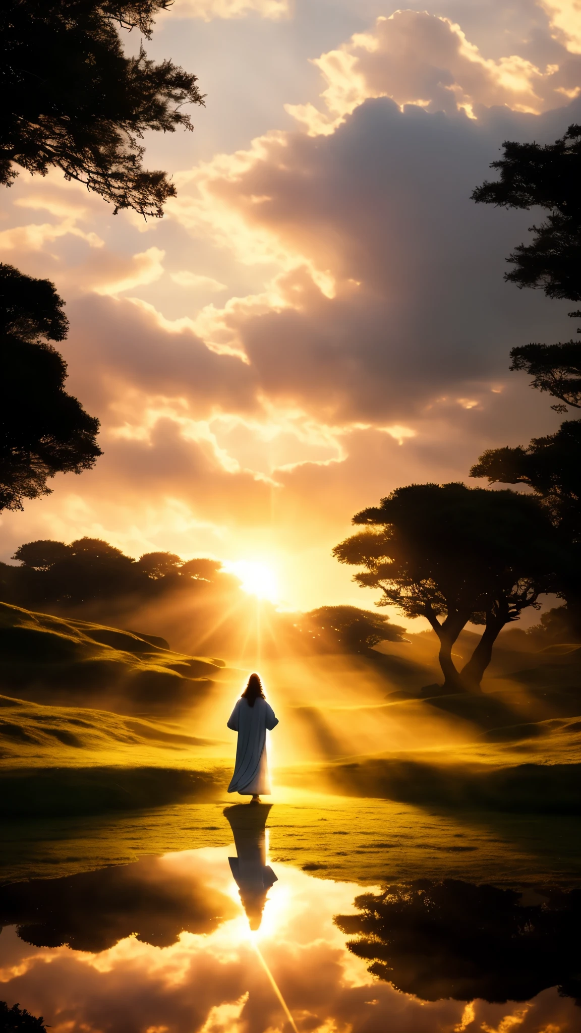 In this high-definition masterpiece, a breathtaking cinematic shot captures a pivotal moment - the long-awaited arrival of Jesus Christ. The scene is bathed in the warm, ethereal glow of a sunset, with muted colors that hint at the otherworldly nature of the event.

The silhouette of Jesus Christ, radiant and majestic, emerges from the horizon, his Sapphire eyes shining with divine wisdom. Dressed in white, he wanders towards a tranquil village where villagers, with faces full of awe and reverence, bow their heads in worship.

The image is hyper-detailed, capturing every facet