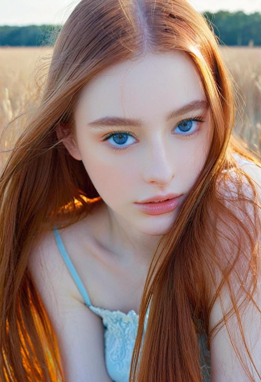 ((intricate details, pale skin)), solo, very detailed, detailed face, very long hair, picture of a beautiful young woman, dasha_taran, sfw, ((natural orange hair)), High Definition RAW Photography, 16k photography, (full body), standing, delicate facial features, pretty face, detailed full body, visible from head to knees, (bright sky-blue eyes:1.2), mesmerizing eyes, emotive longing expression, (cinematic, film grain:1.1)